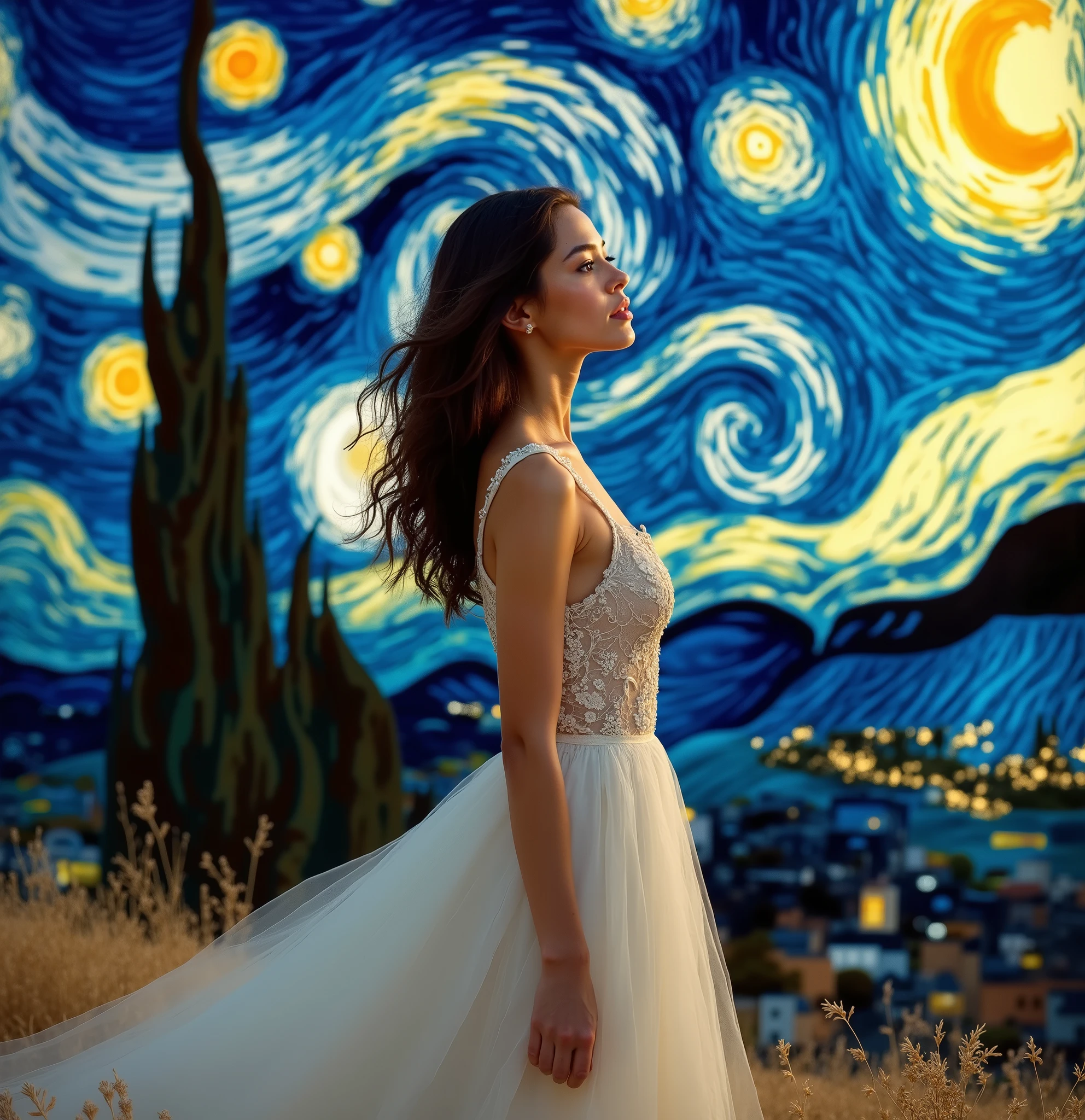 A woman dancing in a white dress in front of a large painting in a gallery in the center of the painting there is a horse and the moon and a wheat field with small roses Her back is bare Barefoot Tattoo in the back anklet in the man Une femme dansant en robe blanche devant un grand tableau dans une galerie au centre du tableau il y a un cheval et la lune et un champ de blé avec de petites roses Son dos est nu The board has a sea --auto