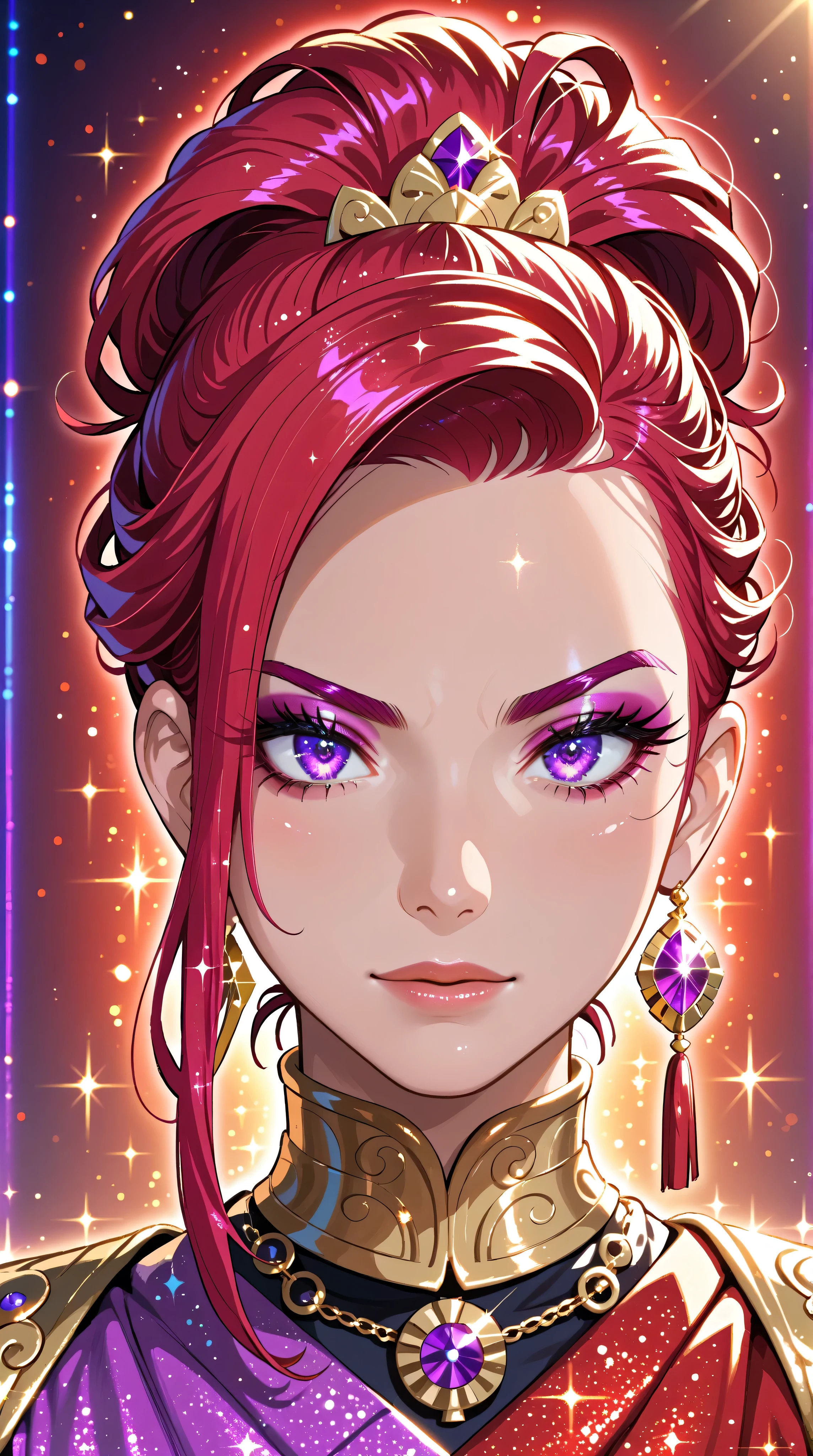 Crimson updo, purple eyes, metallic gold background, backlit, luminescence, ethereal, anime, manga, sexy, sparkles, Glitter Dust, dynamic shadows, masterpiece, bright colors, Shimmers, clear details, Kizi,Highly detailed, Amazing work,Vitreous luster,((clean backdrop)),In gold,(((red colors))),purple color,Best quality at best,clean backdrop, shiny skin, goth,