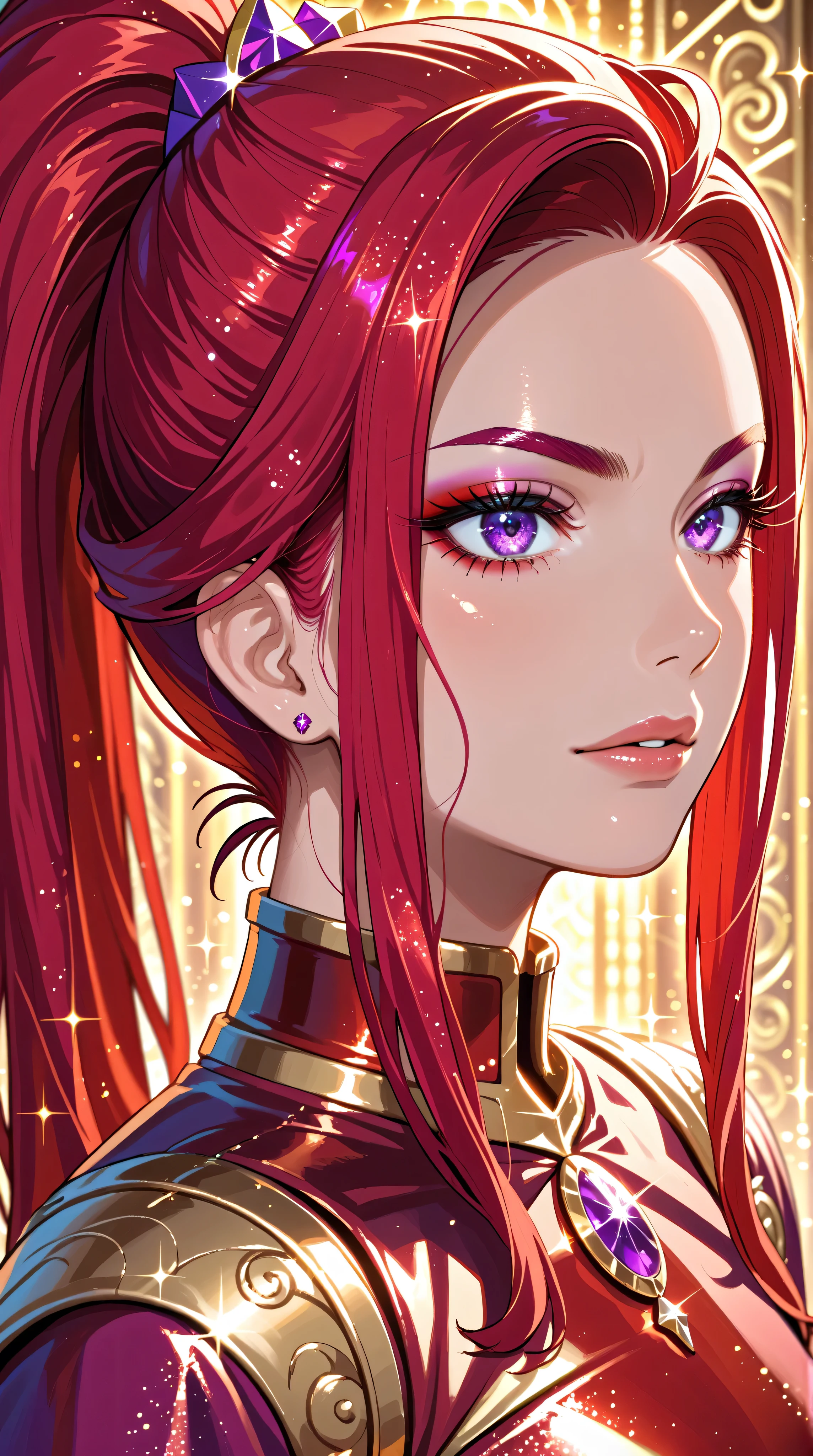 Crimson updo, purple eyes, metallic gold background, backlit, luminescence, ethereal, anime, manga, sexy, sparkles, Glitter Dust, dynamic shadows, masterpiece, bright colors, Shimmers, clear details, Kizi,Highly detailed, Amazing work,Vitreous luster,((clean backdrop)),In gold,(((red colors))),purple color,Best quality at best,clean backdrop, shiny skin, goth,