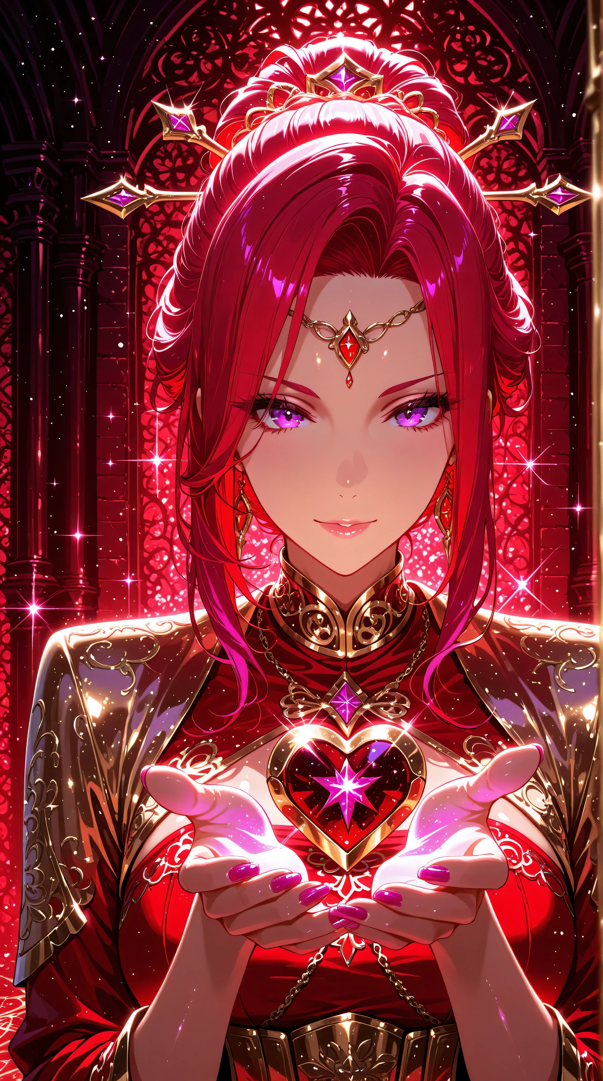Crimson updo, purple eyes, metallic gold background, backlit, luminescence, ethereal, anime, manga, sexy, sparkles, Glitter Dust, dynamic shadows, masterpiece, bright colors, Shimmers, clear details, Kizi,Highly detailed, Amazing work,Vitreous luster,((clean backdrop)),In gold,(((red colors))),purple color,Best quality at best,clean backdrop, shiny skin, goth,