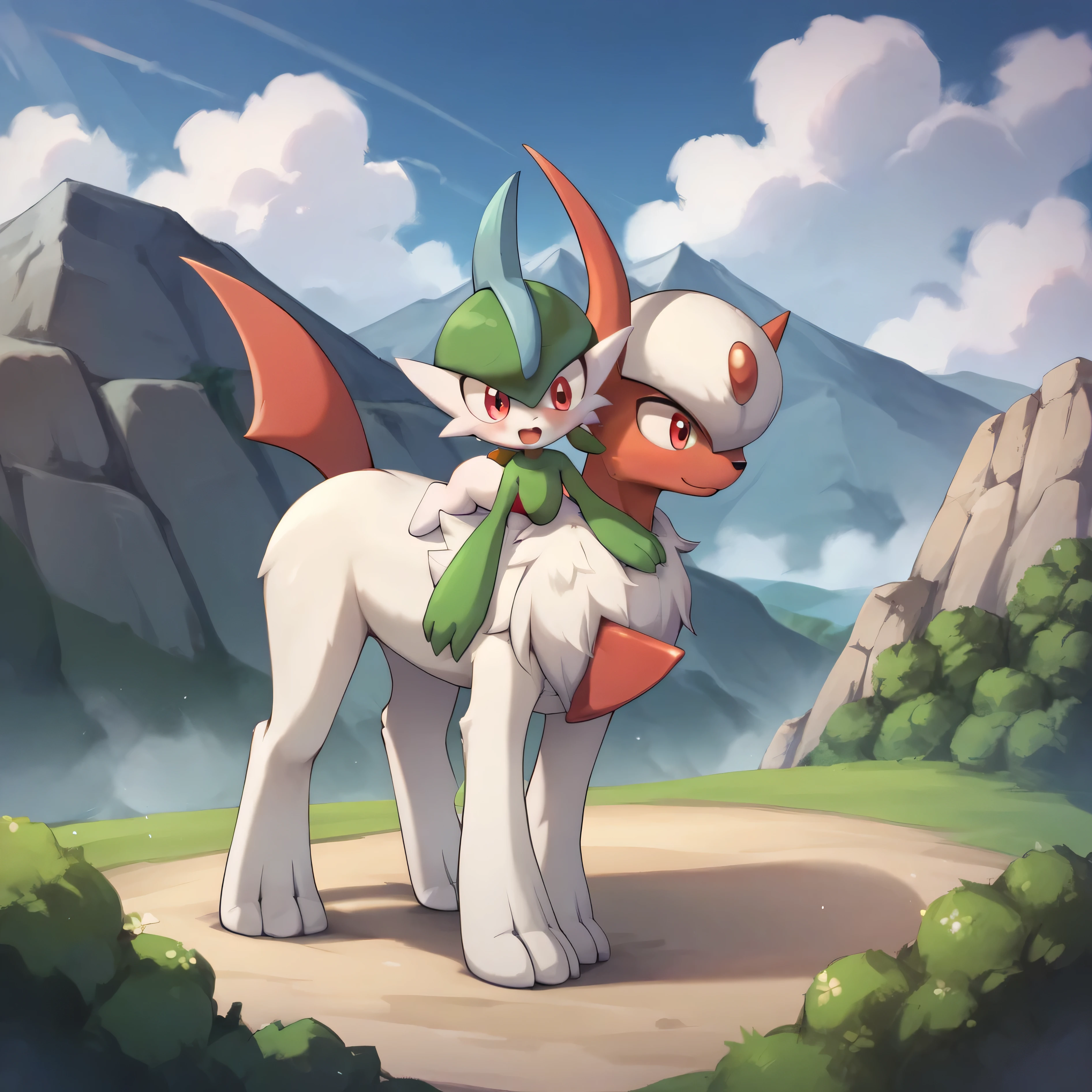 masterpiece, best quality, highly detailed, score_9, score_8_up, score_7_up, full body shot, frontal view, gallade, absol, on mountain, couple, couple, duo, 1boy, 1quadruped, pokemon, looking at each other, surprised, gallade horseback riding on absol,