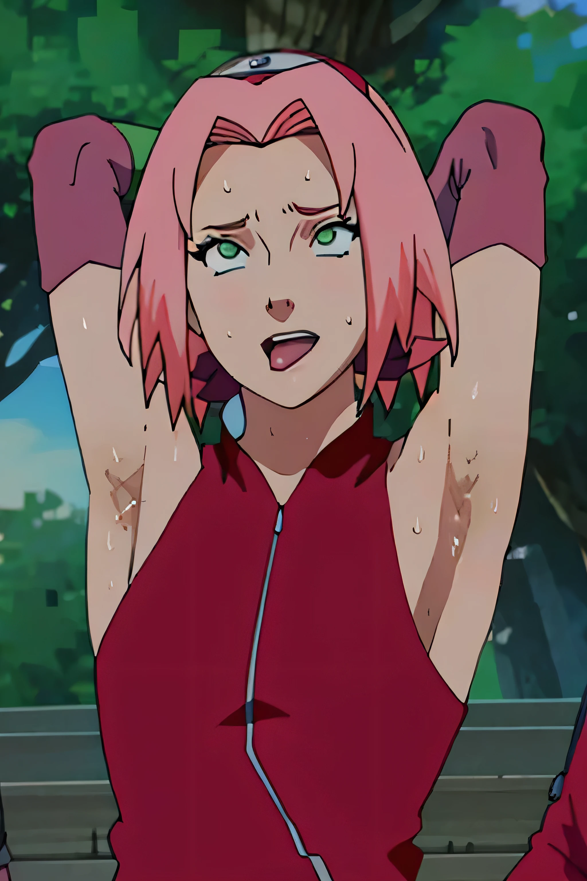 Sakura Haruno. She is a r with green eyes and red clothing. Her hair is long and pink in color; She is beautiful.Tsundere face. Pink eye shading,mature appearance,armpits,sweat,sweaty,sweaty armpits,arms up,showing armpits,awesome armpits,outfit,blackish red arm warmers,maroon arm bands,maroon arm warmers,tongue
