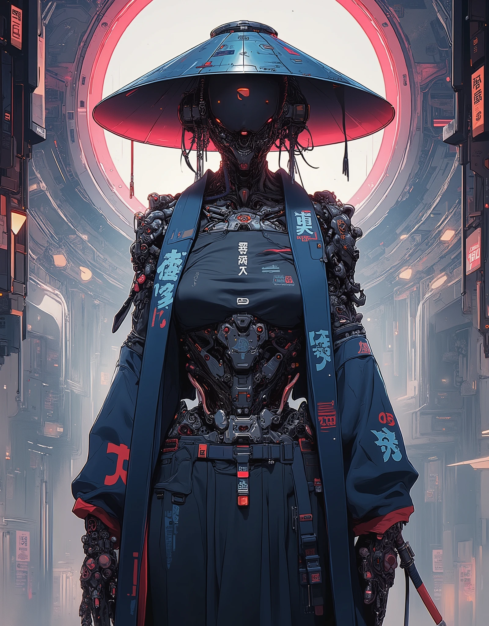 ((anime art style illustration)) of (perfect Asian cyberpunk girl samurai))), (((wearing incredibly detailed ornate cyberpunk Samurai armour))), ((LED lights)), (((Japanese Kabuki hairstyle))), perfect features, ((((full figure) dynamic pose))), (((starship interior))), (((Syd Mead art style))), abstract beauty, near perfection, pure form, concept art, intricate detail, 8k post-production, High resolution, super Detail, art station Trends, sharp focus, studio photos, intricate detail, Very detailed.