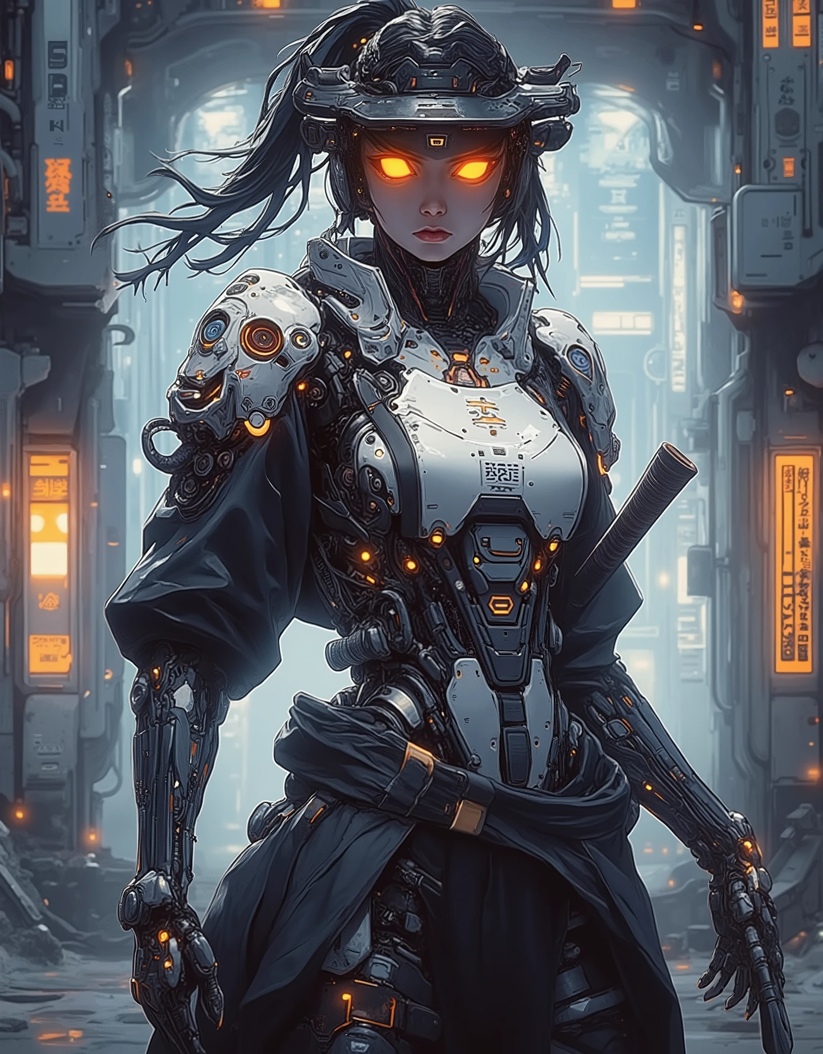 ((anime art style illustration)) of (perfect Asian cyberpunk girl samurai))), (((wearing incredibly detailed ornate cyberpunk Samurai armour))), ((LED lights)), (((Japanese Kabuki hairstyle))), perfect features, ((((full figure) dynamic pose))), (((starship interior))), (((Syd Mead art style))), abstract beauty, near perfection, pure form, concept art, intricate detail, 8k post-production, High resolution, super Detail, art station Trends, sharp focus, studio photos, intricate detail, Very detailed.
