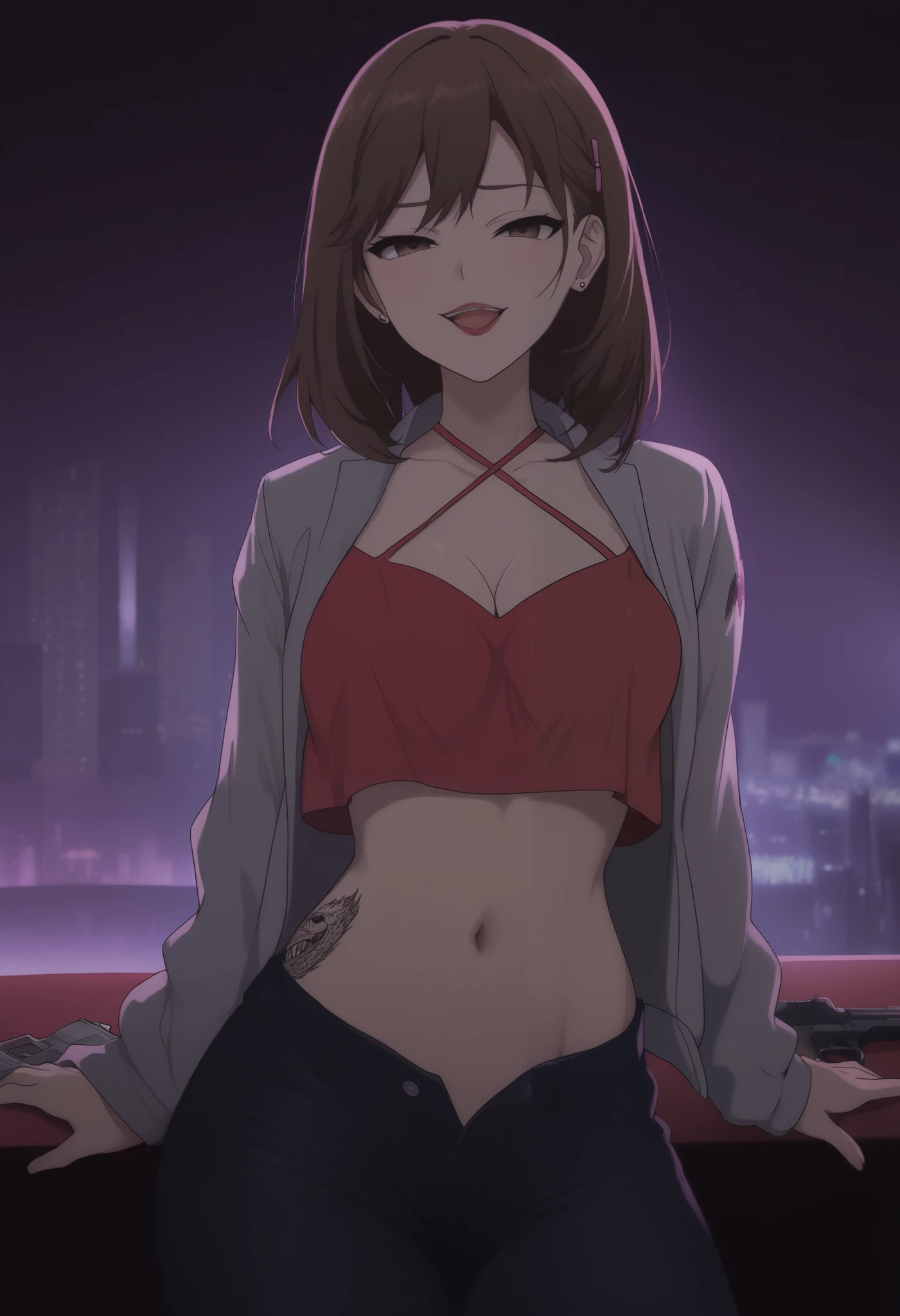 masterpiece, best quality, amazing quality, highres, absurdres, very aesthetic, high resolution, ultra detailed, perfect details, 1girl, , ogura yumi, brown hair, medium hair, pink hairpin, brown eyes, , ear piercing, long hair, blush, lipstick,Hot girl, baddie, smoking, sensual, attractive ,bar
background, inside bar,indoors, cityscape, casino, nightclub, city lights, masterpiece,high
quality,4k,belly,,holding pistol,cleavage, unbuttoned shirt, shirt, knot, smile, open mouth, ()
, evil expression, exposed belly, exposed navel, exposed midriff, exposed lower
belly, crop top overhang,jacket, unbuttoned jeans , low rise black jeans, Low rise jeans, Low rise
jeans with open fly, criss-cross halter,,from below,, dragon tattoo, narrowed eyes, tattoo midriff,