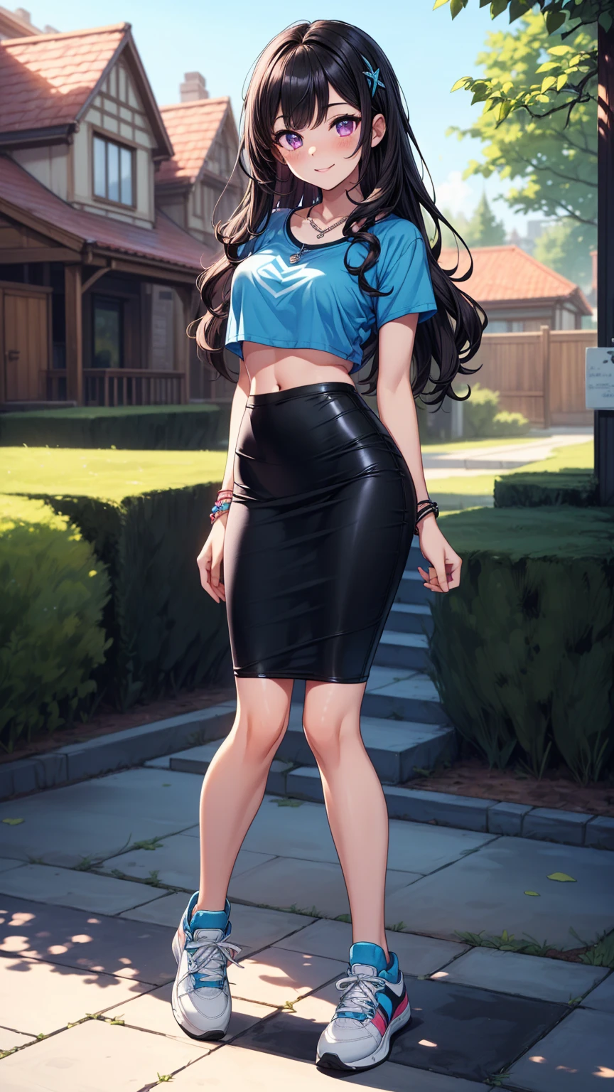 1girl, full body, solo, summer, village, trees, sun, clouds, ((colorful hair)), long hair, curly hair, ponytail, large breasts, ((black blazer)), button down shirt, ((white shirt)), ((short sleeved shirt)), ((unbuttoned shirt)), unbuttoning buttons, cleavage 1:3, brown eyes, skirt, smile, looking at the viewer, standing, hair ribbon, golden necklate