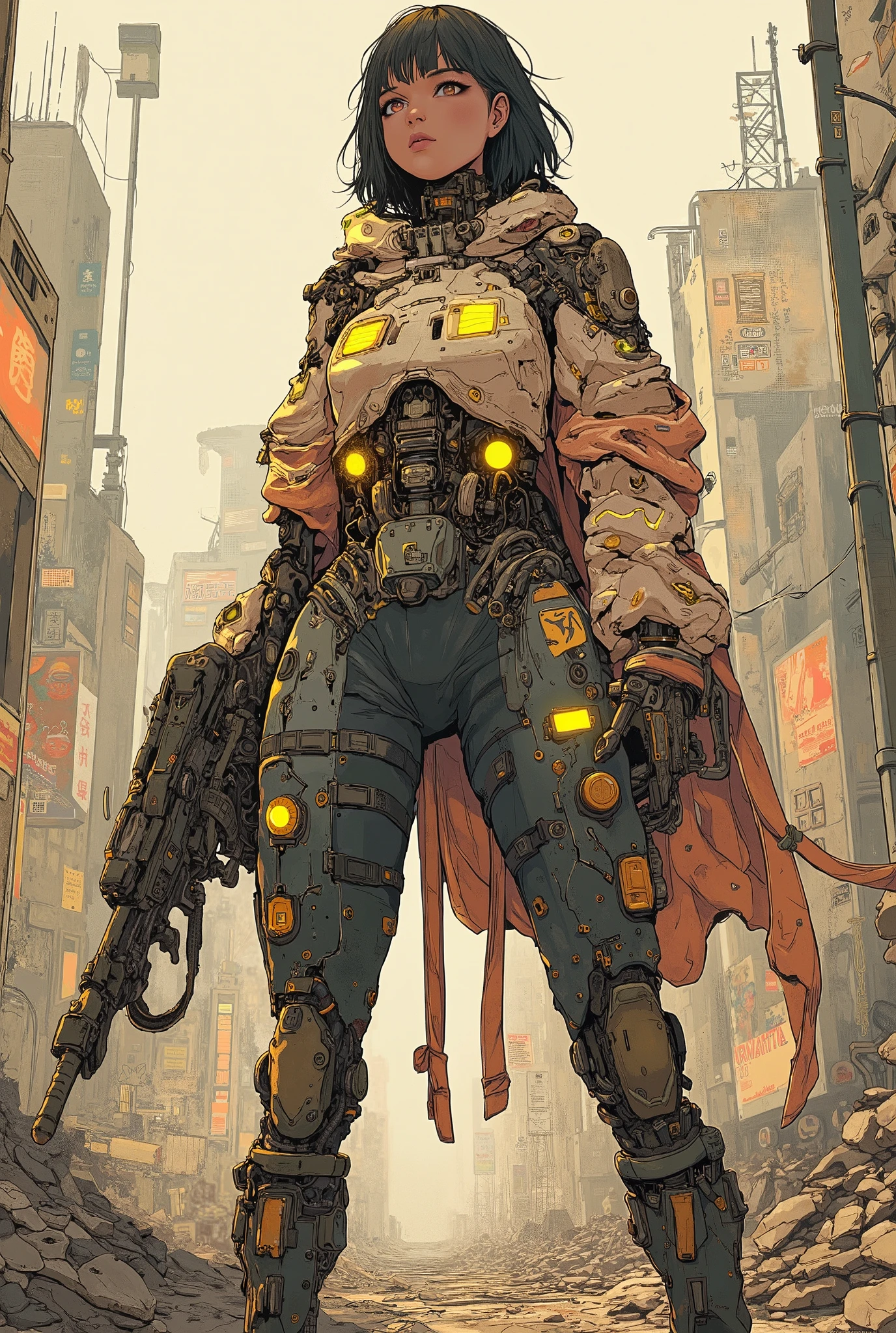 ((anime art style (((magazine cover))) illustration) of (perfect Asian cyborg girl wearing an intricate cybernetic plug suit and holding a rifle))、((Japanese text)), (Machine Body), ((LED lights)), ((wearing a ragged hooded cloak over the plugsuit)), (((dynamic pose))), warm colours, perfect features, abstract beauty, near perfection, pure form, concept art, intricate detail, 8k post-production, High resolution, super Detail, trending on ArtStation, sharp focus, black very short hair, Cinematic Style,Cinematic Lighting, ((standing in ruined city))、A strong wind is blowing、cyber punk、nsfw:1.2、((Exposed internal machinery))、((Machine arms and legs))、Beautiful fashion model、Cute Japanese Girl, (mouth slightly open)