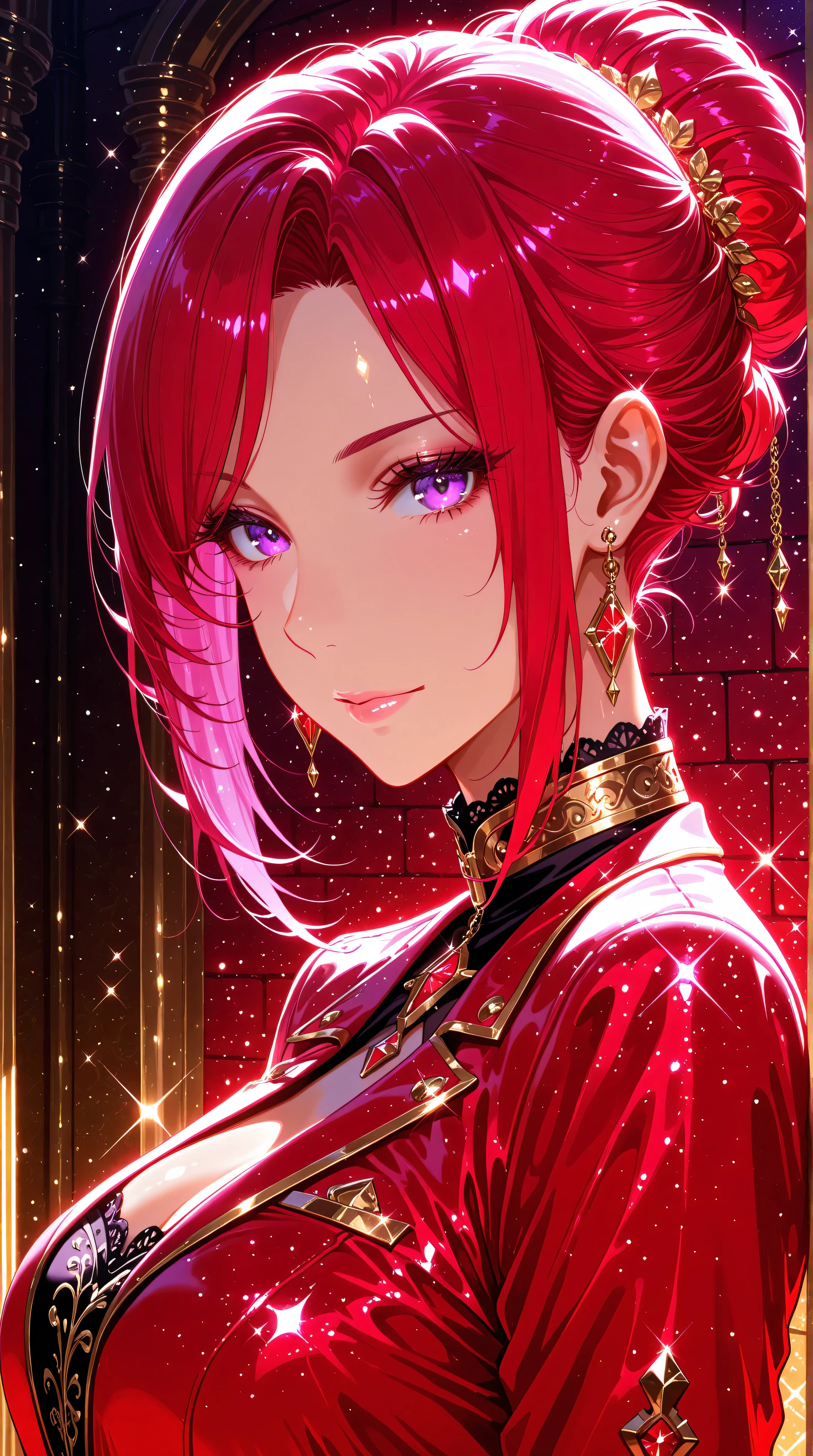 Crimson updo, purple eyes, metallic gold background, backlit, luminescence, ethereal, anime, manga, sexy, sparkles, Glitter Dust, dynamic shadows, masterpiece, bright colors, Shimmers, clear details, Kizi,Highly detailed, Amazing work,Vitreous luster,((clean backdrop)),In gold,(((red colors))),purple color,Best quality at best,clean backdrop, shiny skin, goth,