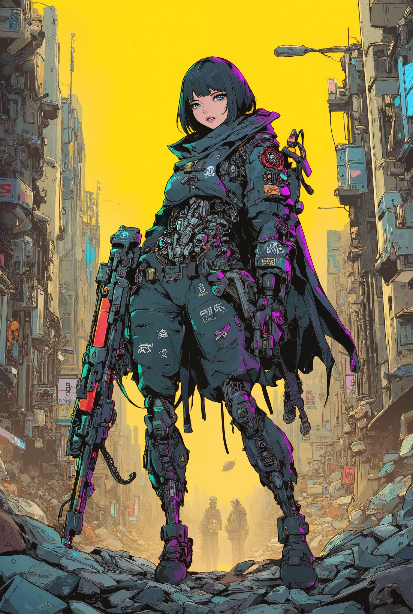 ((anime art style (((magazine cover))) illustration) of (perfect Asian cyborg girl wearing an intricate cybernetic plug suit and holding a rifle))、((Japanese text)), (Machine Body), ((LED lights)), ((wearing a ragged hooded cloak over the plugsuit)), (((dynamic pose))), warm colours, perfect features, abstract beauty, near perfection, pure form, concept art, intricate detail, 8k post-production, High resolution, super Detail, trending on ArtStation, sharp focus, black very short hair, Cinematic Style,Cinematic Lighting, ((standing in ruined city))、A strong wind is blowing、cyber punk、nsfw:1.2、((Exposed internal machinery))、((Machine arms and legs))、Beautiful fashion model、Cute Japanese Girl, (mouth slightly open)