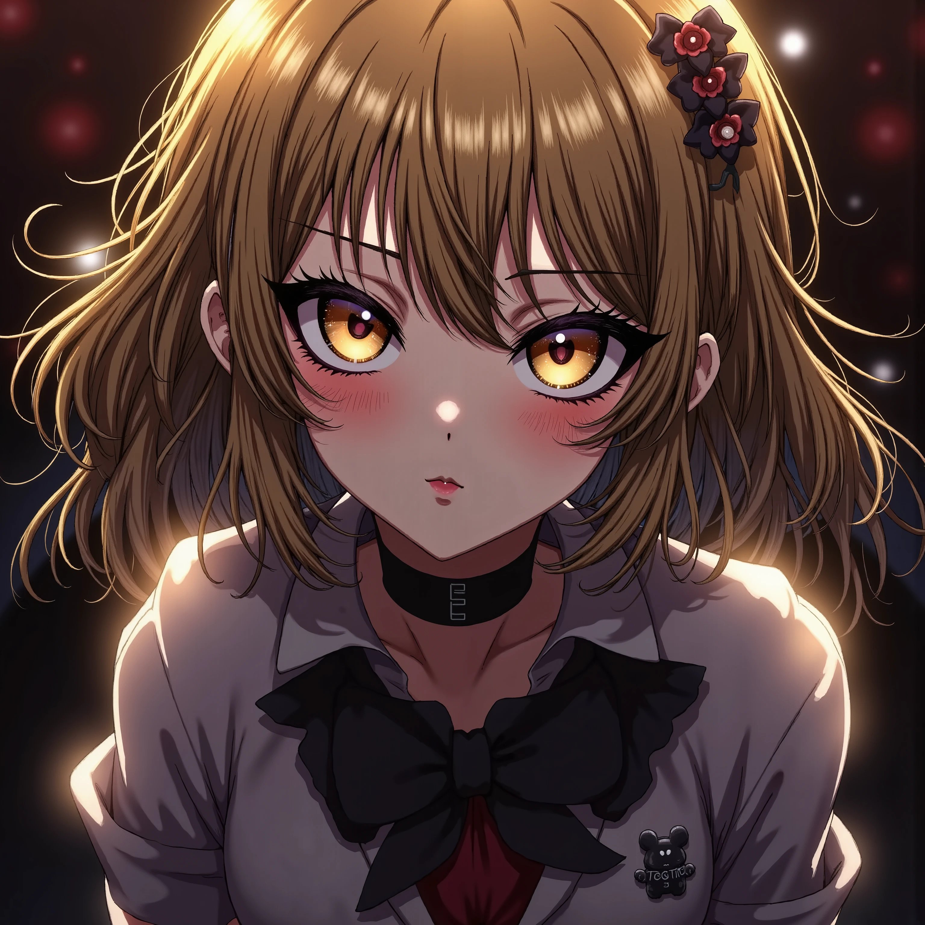  girl :(Raiko-chan),  Matte Brown Skin ,  small breasts, yellow hair,  ,  top quality,   textured skin,  thin legs  、  high heels、  movie light effect , anime 