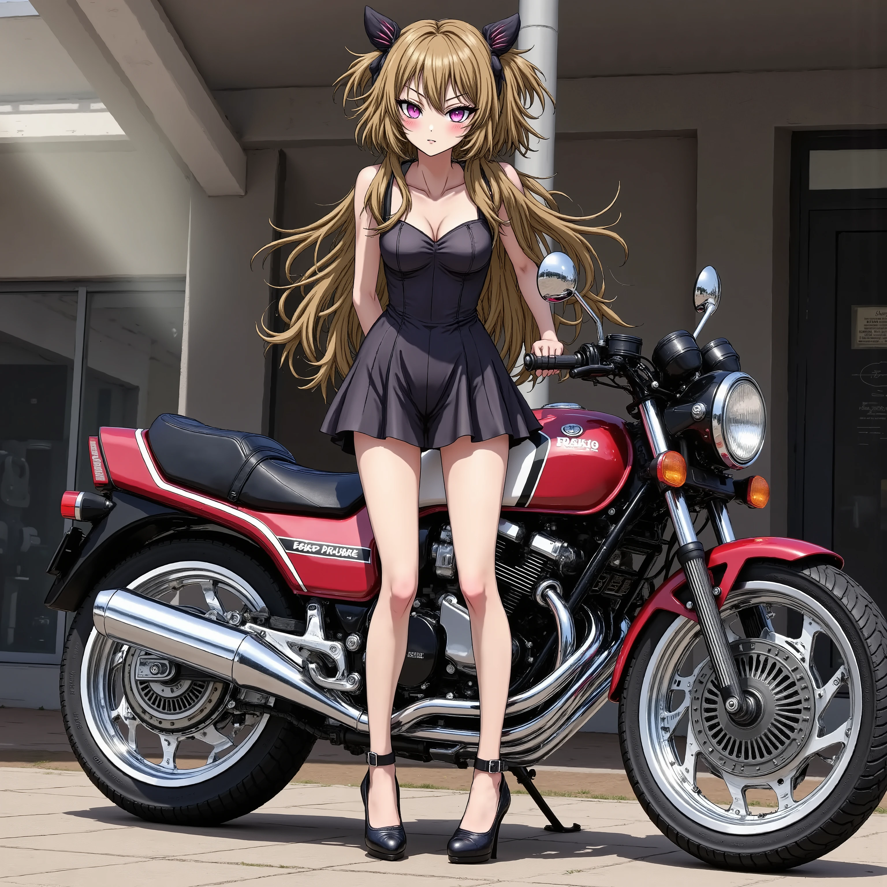 girl :(Raiko-chan), Cafe Racer stands next to a tuned motorcycle、 Matte Brown Skin , small breasts, yellow hair, , top quality, textured skin, thin legs 、 high heels、 movie light effect , anime