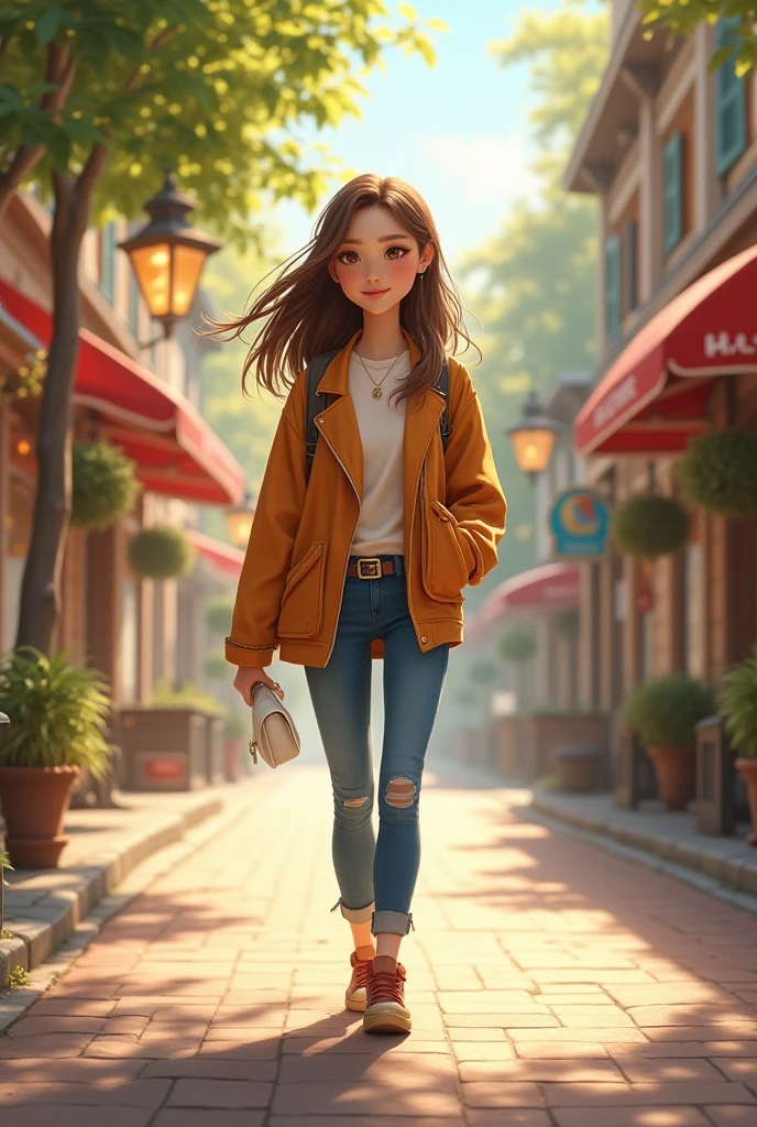 Create a Disney-style image of a slim brunette with medium-long wavy hair, Brown eyes, with right nose piercing. Serving in your clothing store