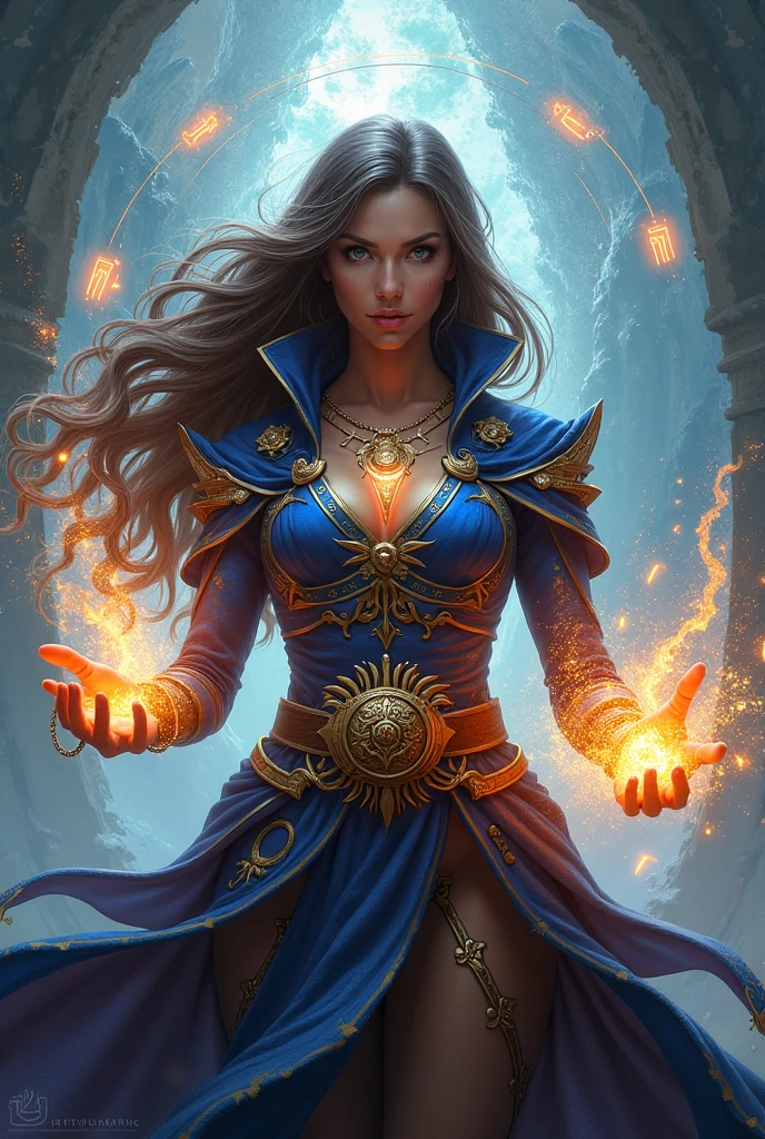A girl in fantastical costumes, with a blue dress and a flowing blue cloak, gleams under the animated energy of an RTX-enhanced Marvel Comics-style scene. Adorned with intricate details, Kathrin Longhurst's captivating artwork showcases the girl's light black and black attire, which is illuminated by the dancing flames of her mystical powers. Her symmetrical features and fiery spirit are enchanting, making her a formidable presence, much like Mandy Disher's powerful sorceress women in the demons realm.