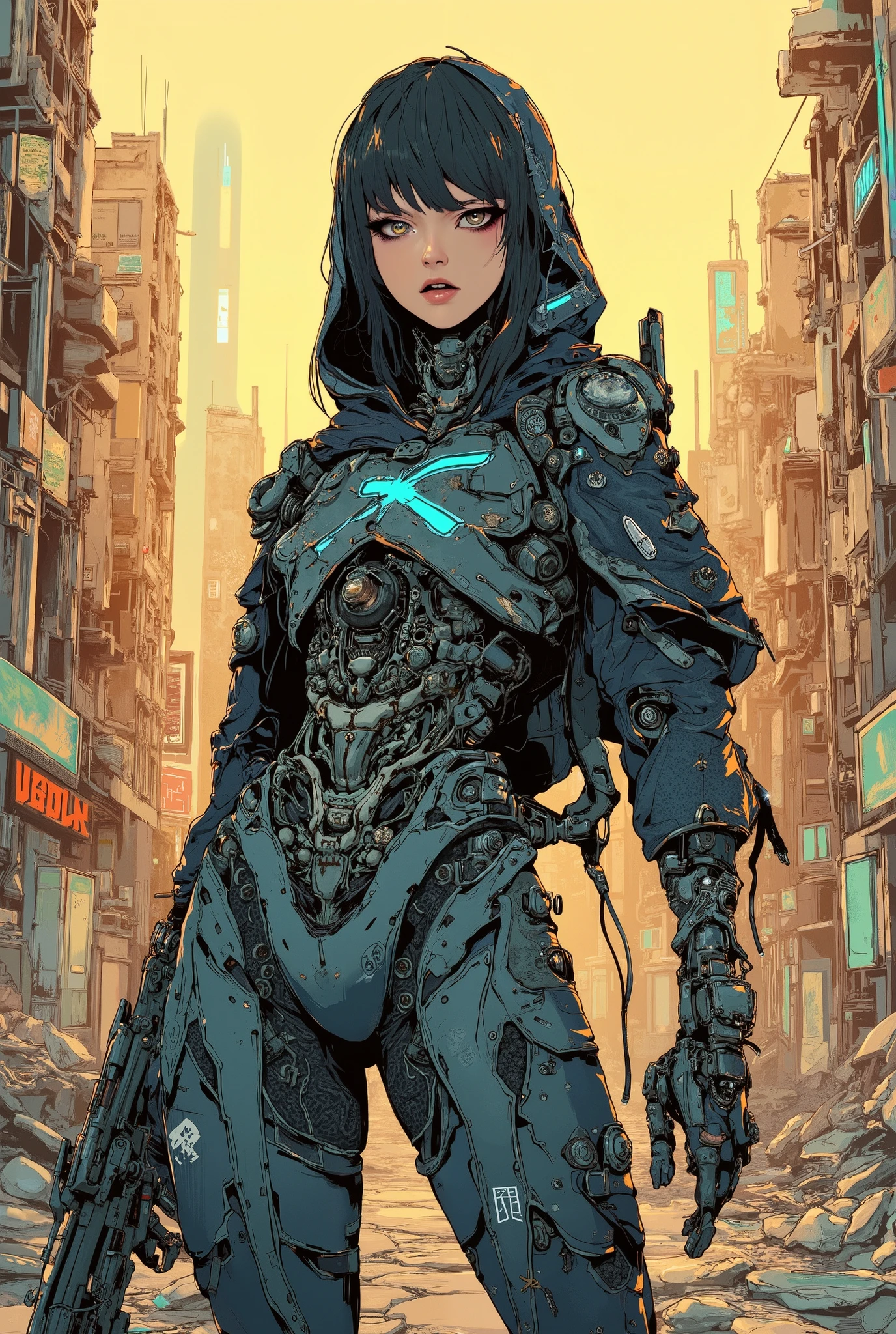 ((anime art style (((magazine cover))) illustration) of (perfect Asian cyborg girl wearing an intricate cybernetic plug suit and holding a rifle))、((Japanese text)), (Machine Body), ((LED lights)), ((wearing a ragged hooded cloak over the plugsuit)), (((dynamic pose))), warm colours, perfect features, abstract beauty, near perfection, pure form, concept art, intricate detail, 8k post-production, High resolution, super Detail, trending on ArtStation, sharp focus, black very short hair, Cinematic Style,Cinematic Lighting, ((standing in ruined city))、A strong wind is blowing、cyber punk、nsfw:1.2、((Exposed internal machinery))、((Machine arms and legs))、Beautiful fashion model、Cute Japanese Girl, (mouth slightly open)
