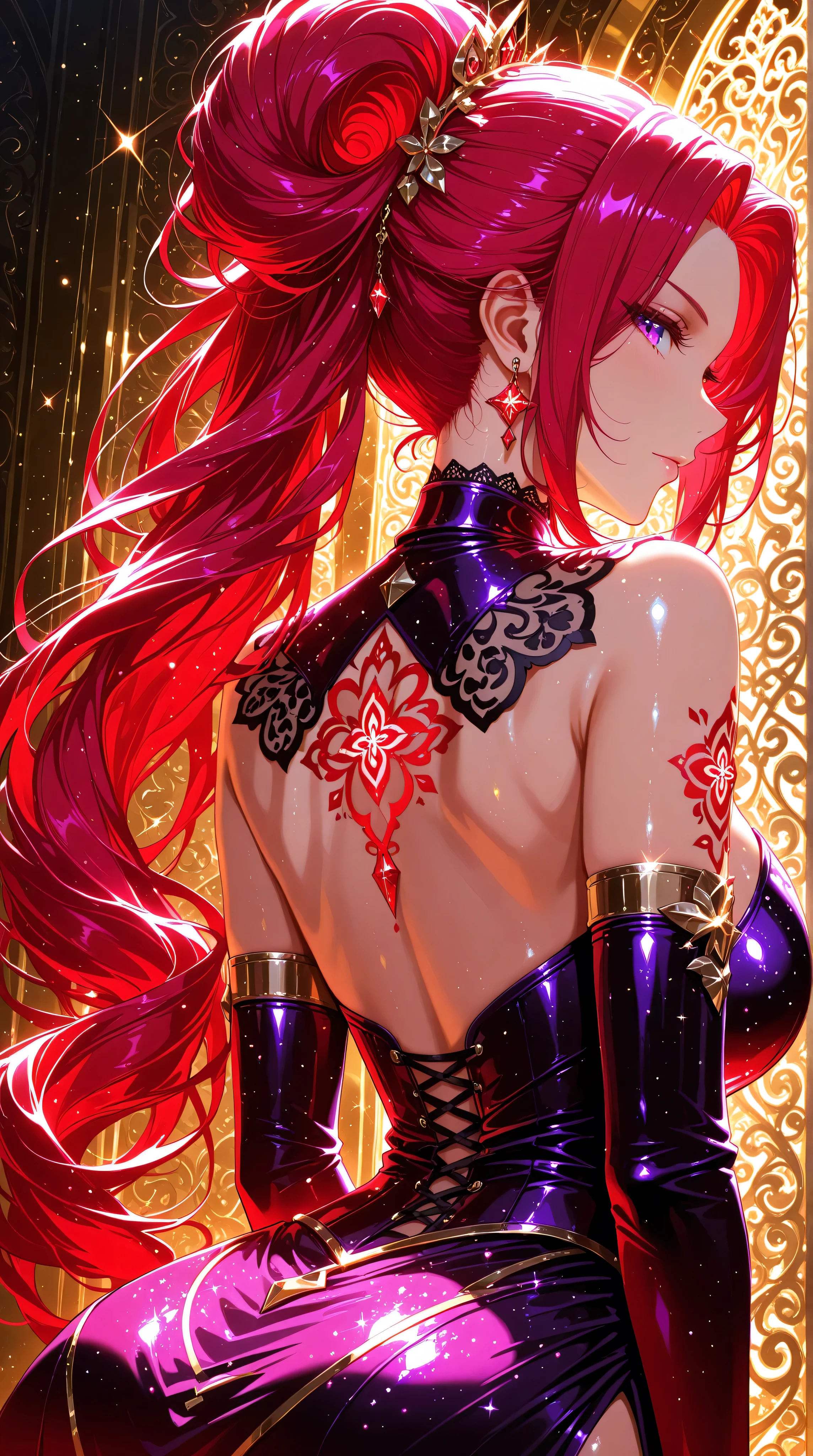 Crimson updo, purple eyes, metallic gold background, backlit, luminescence, ethereal, anime, manga, sexy, sparkles, Glitter Dust, dynamic shadows, masterpiece, bright colors, Shimmers, clear details, Kizi,Highly detailed, Amazing work,Vitreous luster,((clean backdrop)),In gold,(((red colors))),purple color,Best quality at best,clean backdrop, shiny skin, goth,