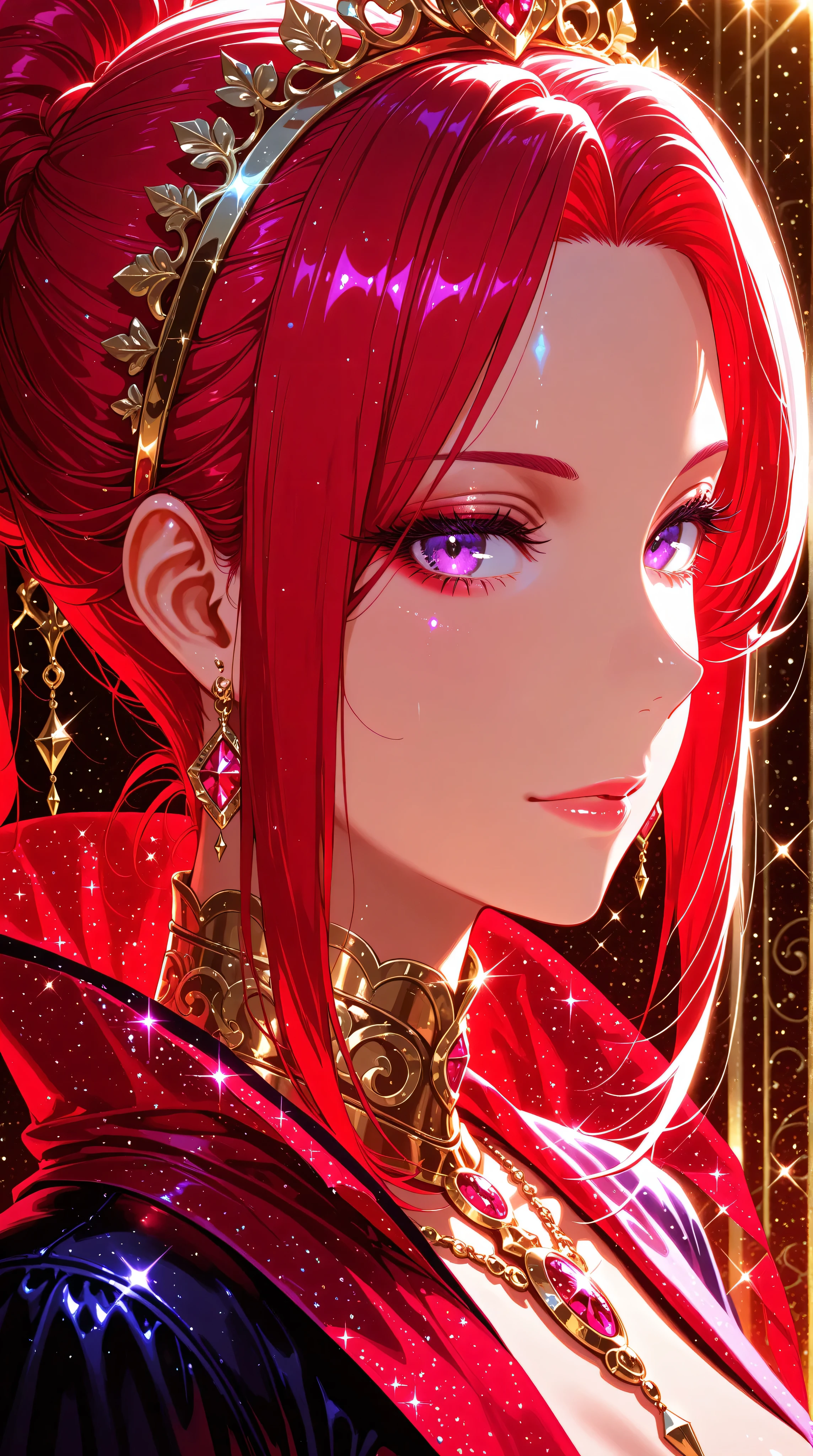 Crimson updo, purple eyes, metallic gold background, backlit, luminescence, ethereal, anime, manga, sexy, sparkles, Glitter Dust, dynamic shadows, masterpiece, bright colors, Shimmers, clear details, Kizi,Highly detailed, Amazing work,Vitreous luster,((clean backdrop)),In gold,(((red colors))),purple color,Best quality at best,clean backdrop, shiny skin, goth,