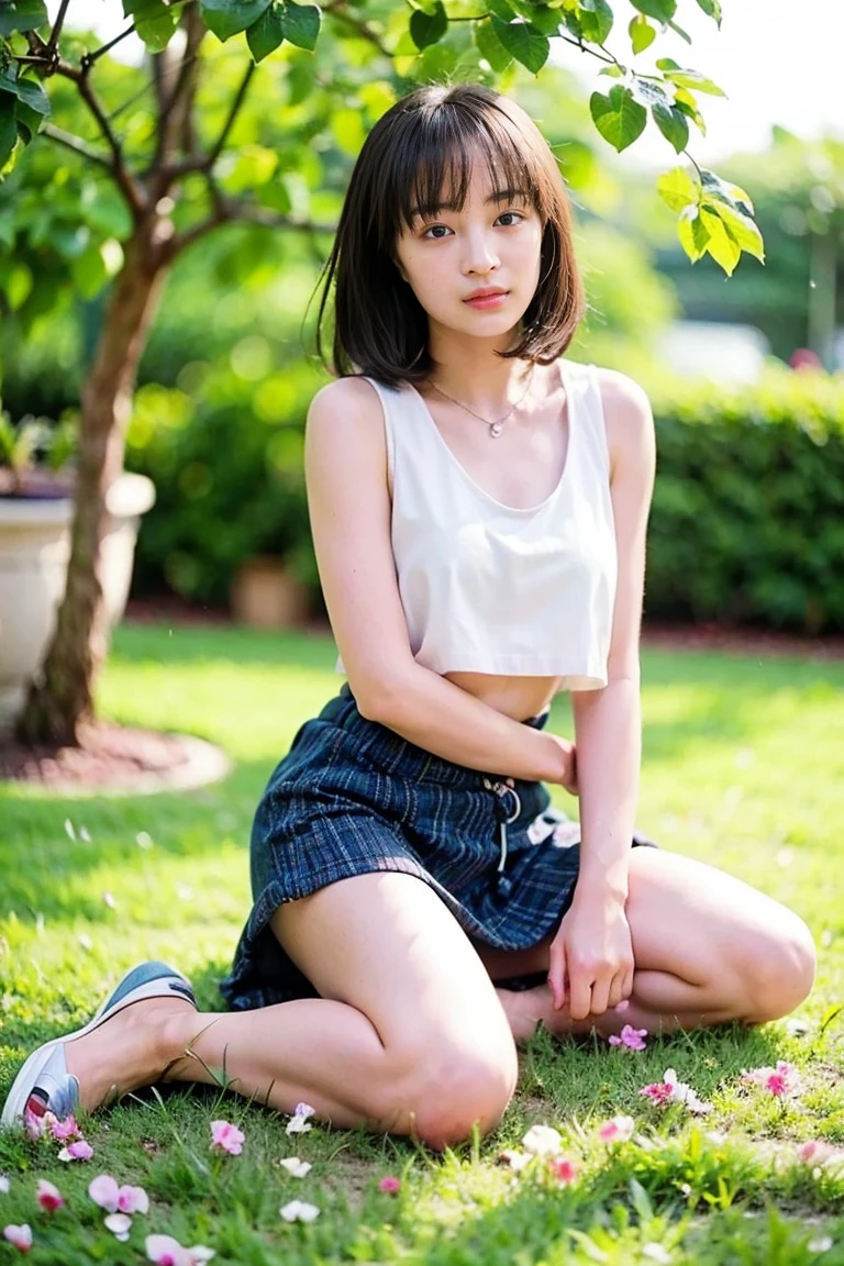 8k,Japanese,,Childish,Innocent face,Innocent look,Teenage Girte,spring-like clothes,Spring weather,Casual wear,Black Hair,Riverside Park,Sitting,Thighs,Décolletage、Absolute area、Sexy clothes
