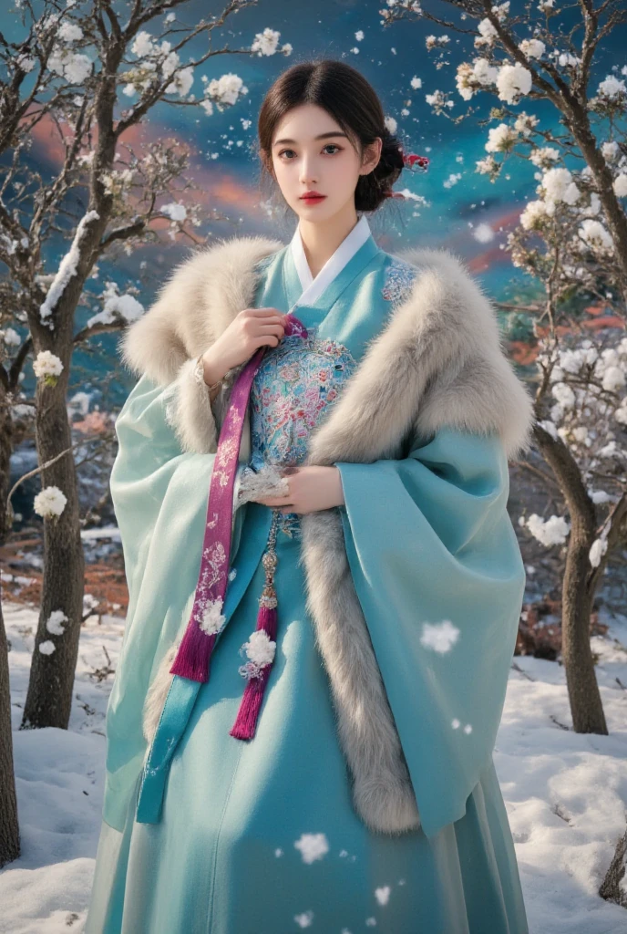 (Best quality, 8K, 32K), (High intaglio printing model),Photorealistic, high resolution, 1 Japan Women, Solo, (Lolita costume),Gorgeous costumes,Face the audience,(The upper part of the body,upper legs), beautidful eyes, Brown hair, ringed eyes, (outside,Heavy snowfall,Thick fur cape,Cover with snow),snowfield,Blue eyes,Illustrations of the highest quality,A meticulous face