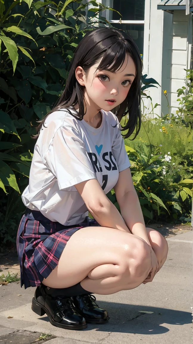 Highest quality、14 years old、pretty girl、Sitting、mile,from below