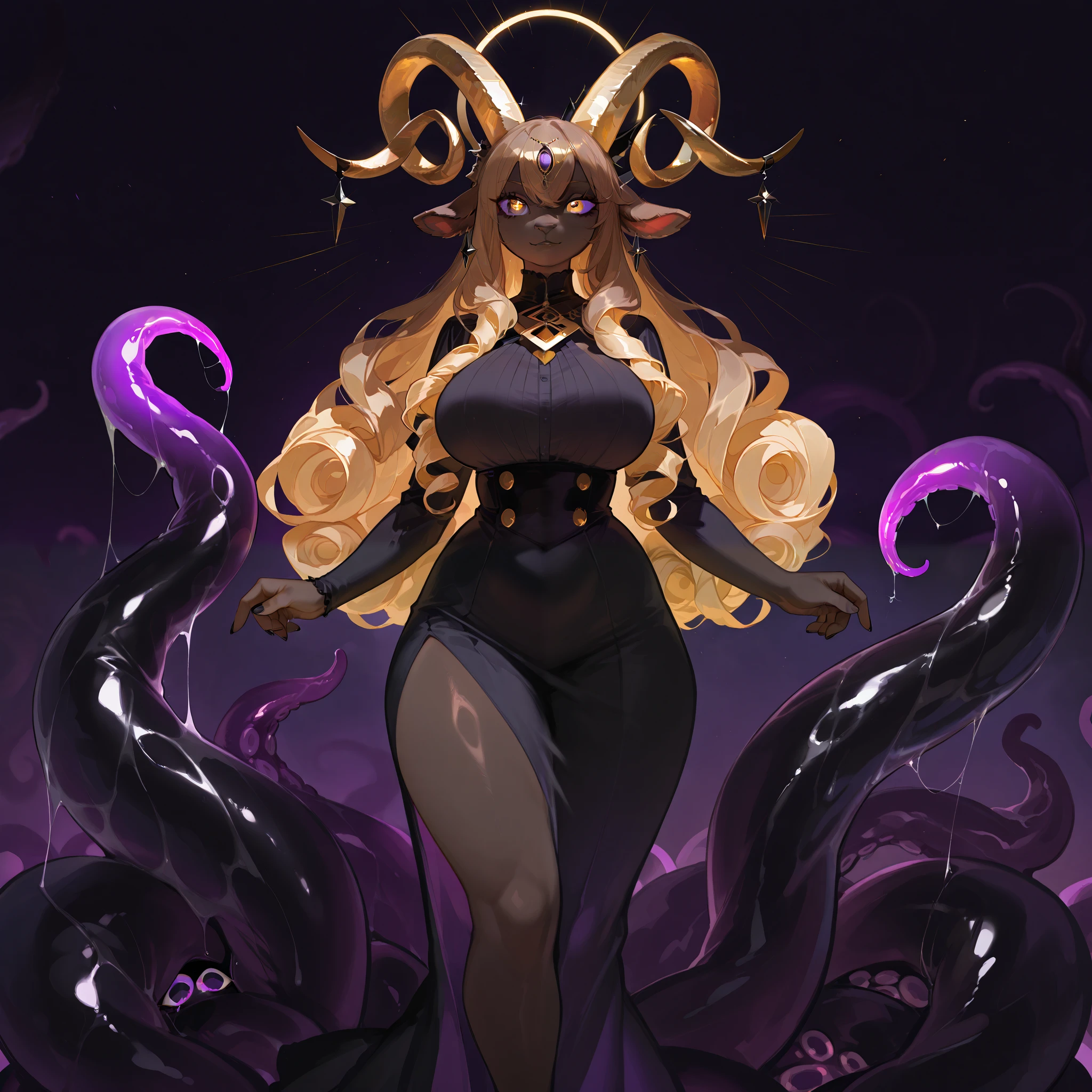 eldritch being her eyes are goat eyes gold and purple gradient and goat pupils she has long flowing curly black and blonde hair that fades to black sparkles she has many shadow tentacles that protrude from her back she has dark brown shimmery shadowy skin, curvy, goat features,