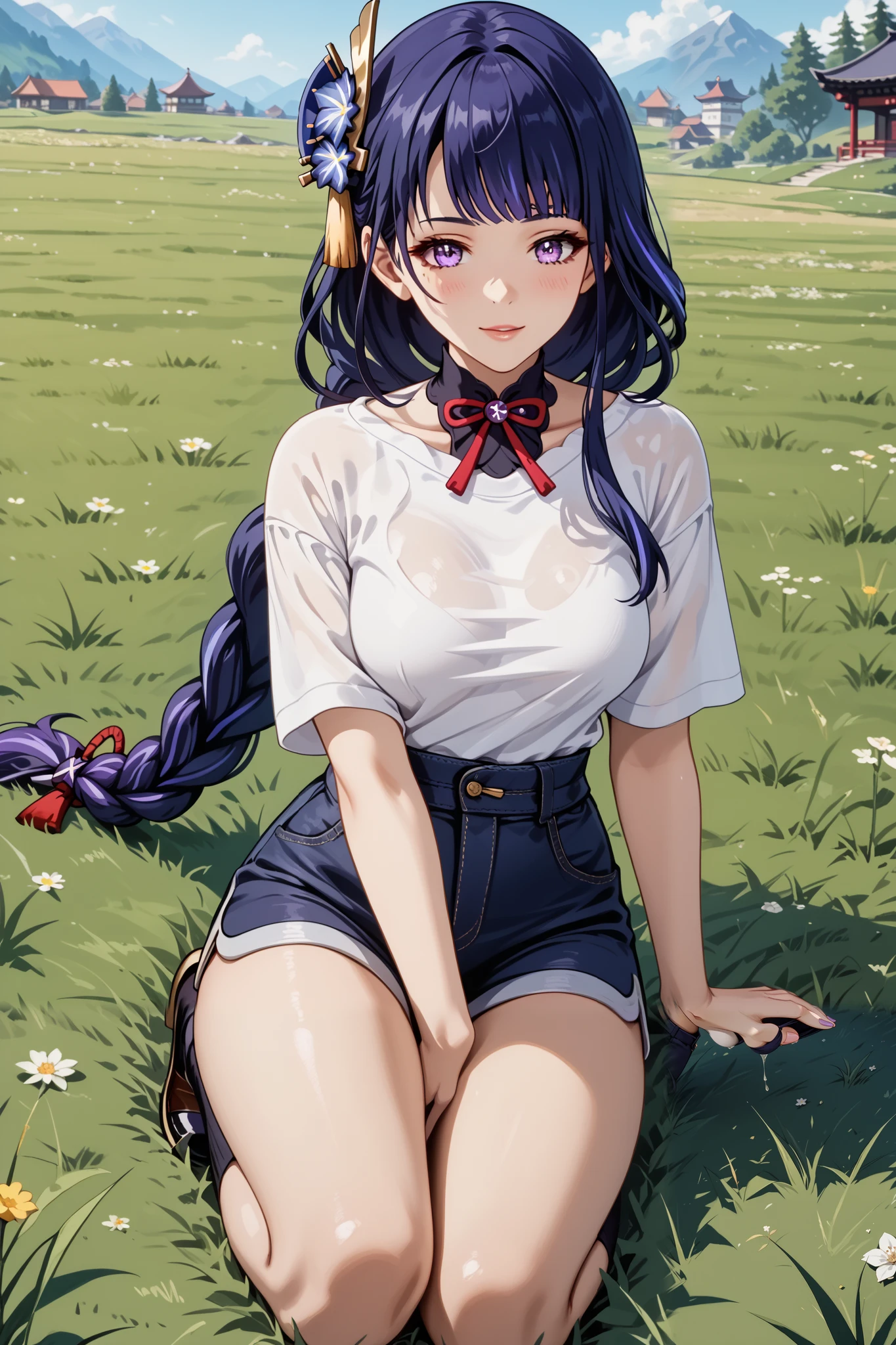 Masterpiece, extremely detailed,4k,solo,1girl,raiden shogun,full body,perfect slim body,(sit down),ambarrased ,long legs ,perfect slim body,large breasts, ((kawai face)),embarassed ekspression,smile,(closed lips), cowboy shoot,((grass)), front look, looking at viewers, white tshirt, ((short pants))