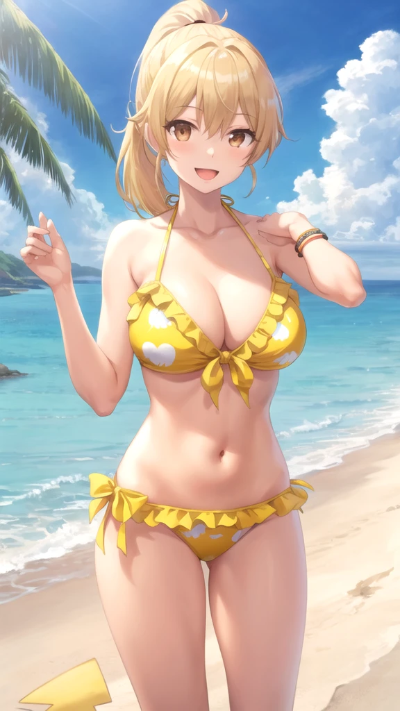 (High quality, High resolution, Fine details), beach background, summertime, refreshing water, (woman in bikini with cow print), (cow print bikini), solo, curvy women, blond hair, sparkling eyes, (Detailed eyes:1.2), sexy pose, smile, blush, Sweat, (sun-kissed skin:1.2), Oily skin, shallow depth of field, golden hour lighting