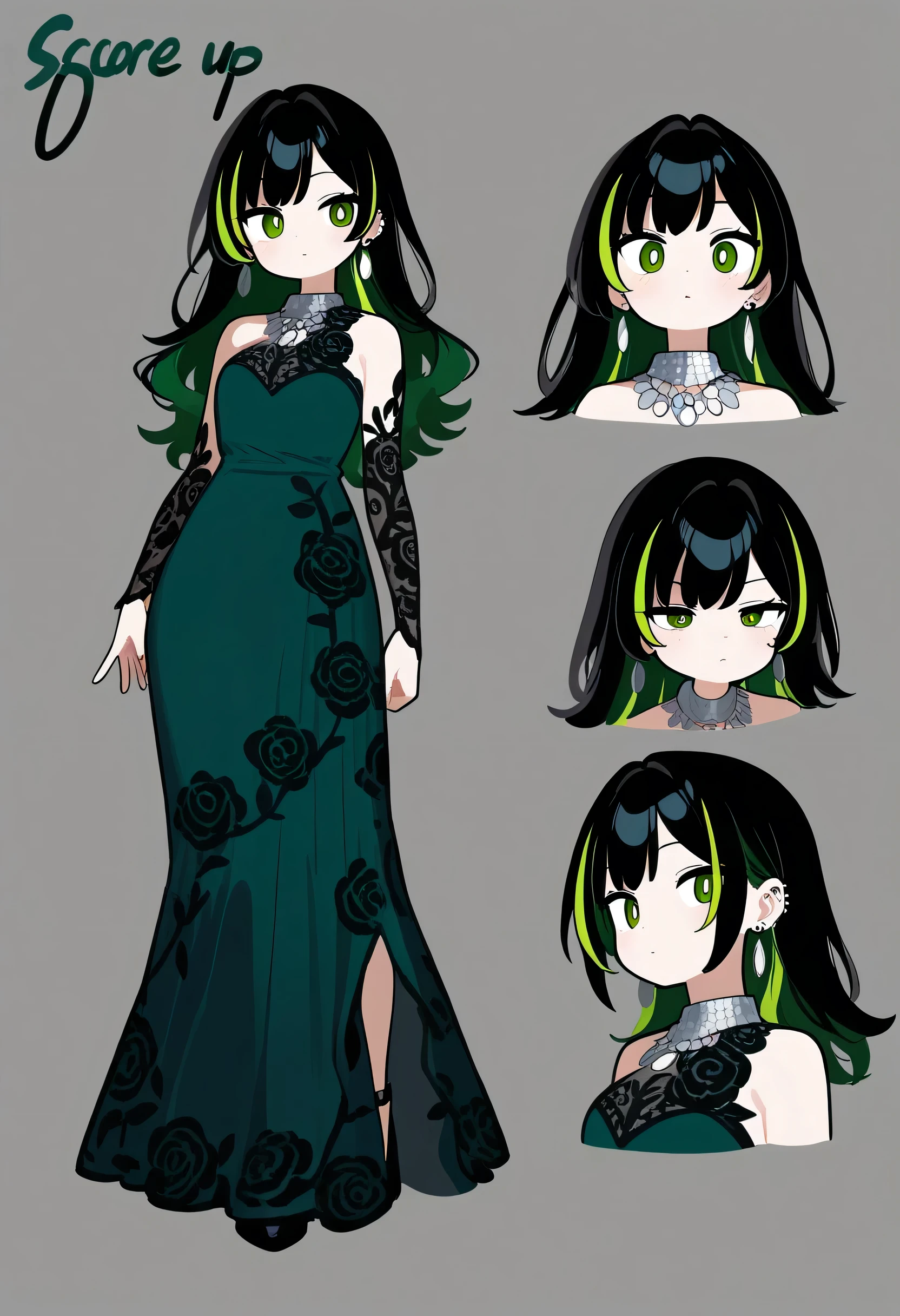 Arianna has long dark hair with green highlights and piercing green eyes. She wears a dark green dress with black accents, featuring subtle vine patterns. Her look is gothic-inspired, with silver jewelry that hints at her connection to both the Underworld and nature.
reference sheet fulbody god like