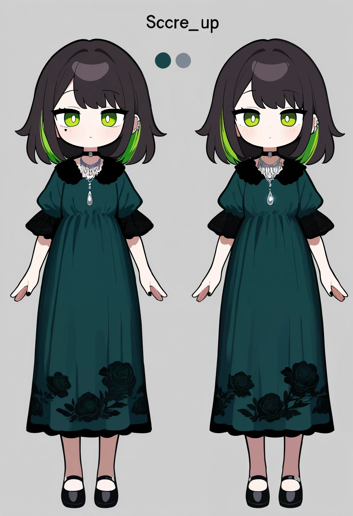 Arianna has long dark hair with green highlights and piercing green eyes. She wears a dark green dress with black accents, featuring subtle vine patterns. Her look is gothic-inspired, with silver jewelry that hints at her connection to both the Underworld and nature.
 reference sheet fulbody  god like 