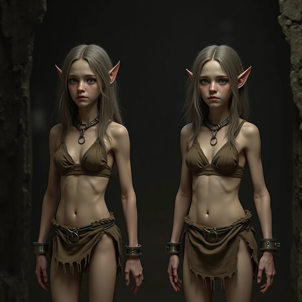 ((1girl)) full body, standing, grey skin, drow, elf, mature, purple eyes, white hair, black bikini, abs, big knockers, tatter rags, chain collar, stomach tattoo (red tattoo)