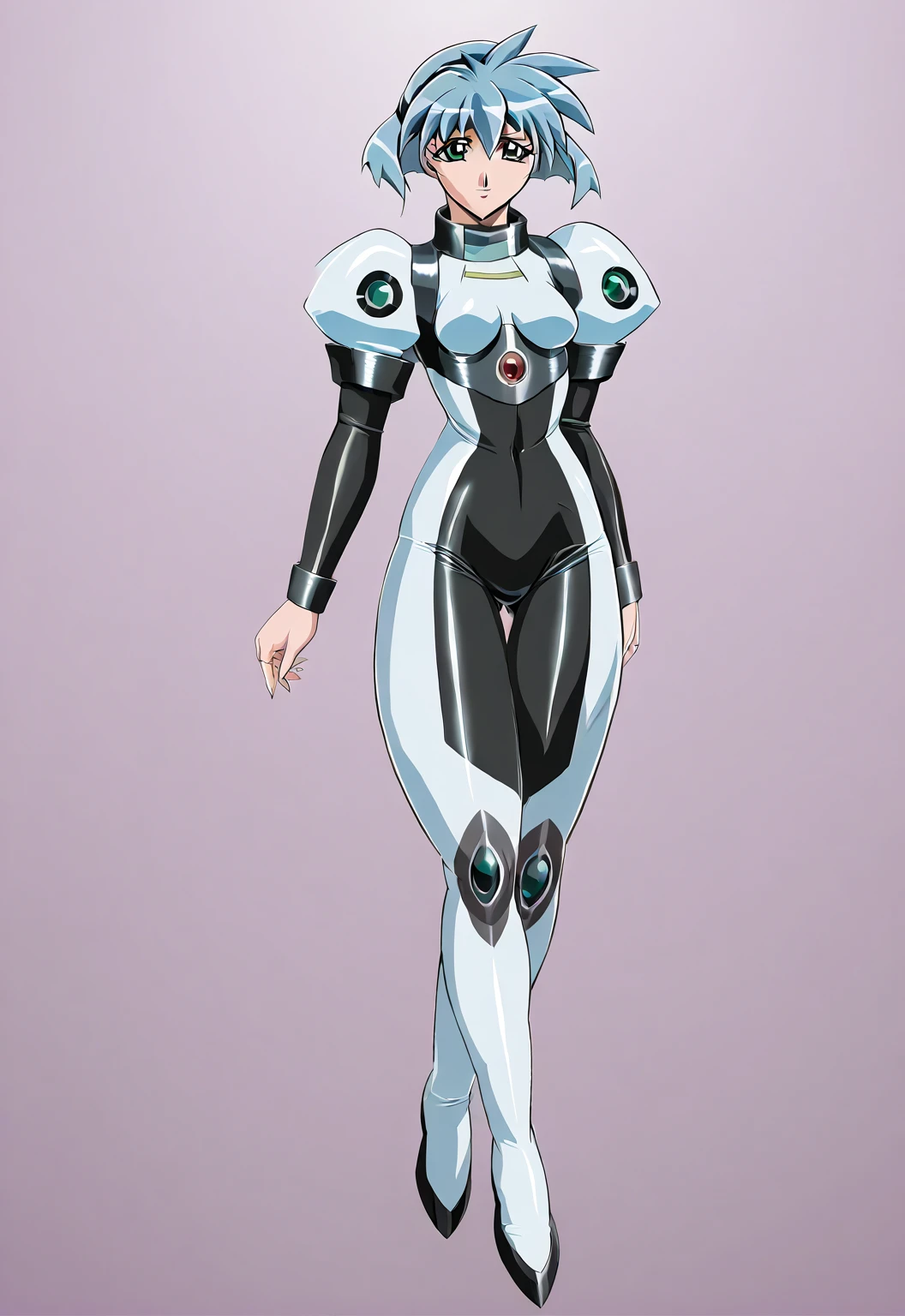 cartoon thin woman, long neck, long black hair, pale green skin, wearing a v-neck purple sci-fi body suit .. she is armed with an arm cannon, on her suit has small grey jet nozzles at the sides of her hips.