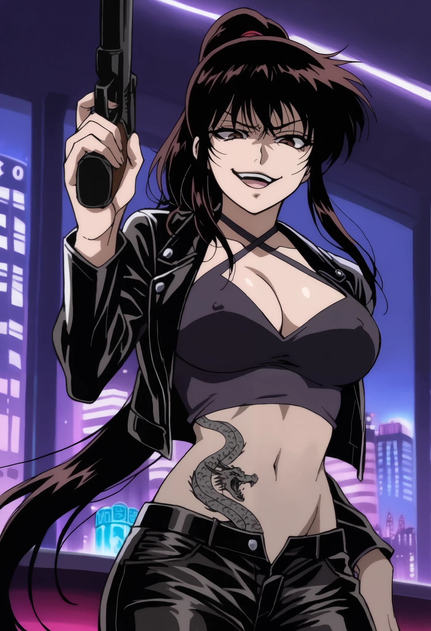 score_9, score_8_up, score_7_up, source_anime,
okoi, okoi, black hair, brown eyes, ponytail,
bar background, inside bar,indoors, cityscape, casino, nightclub, city lights, masterpiece, best quality, highly detailed, a girls with a gun, evil smile , open mouth, sexy gaze, badass
pose , evil smile, smile, (nsfw) not safe for work, guns blazing, anime girl with long hair, beautiful long
haired girl, navel, evil expression, exposed belly, exposed navel, exposed midriff, exposed lower belly,
long black pants, crop top, cleavage, unbuttoned leather pants ,open fly, low rise black leather pants,
leather jacket, holding a gun, holding pistol, criss-cross halter,from below,, nipple slip, , dragon tattoo, narrowed eyes, tattoo midriff,