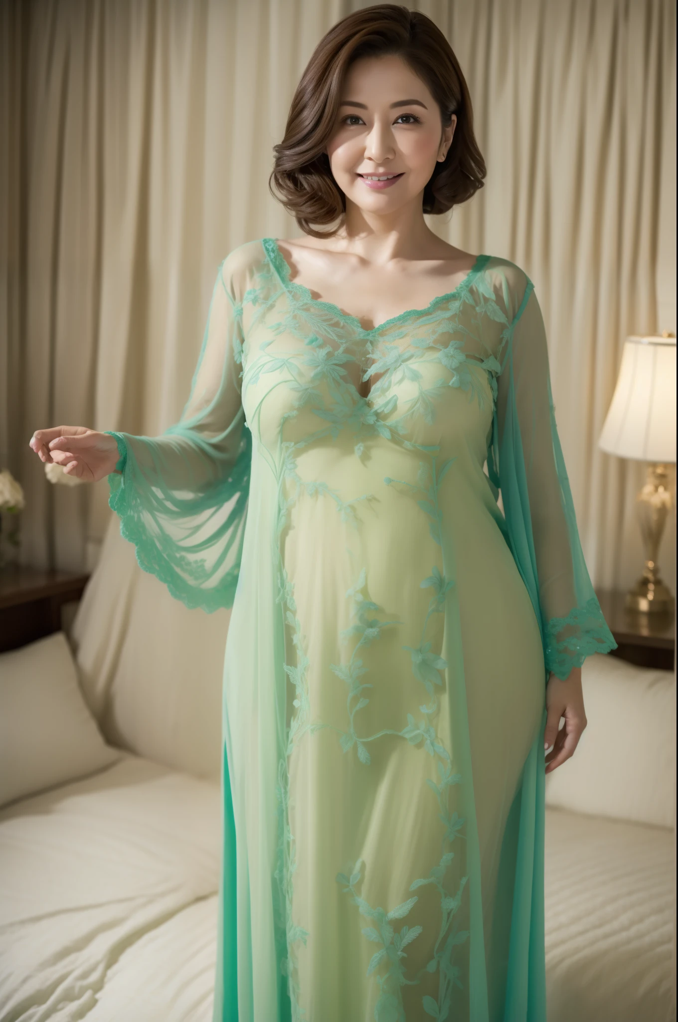 attractive mature woman, colorful see-through nightgowns, Cleevidge , chubby, big breasted ,Green, bed, very detailed and beautiful ,Masterpiece, best quality