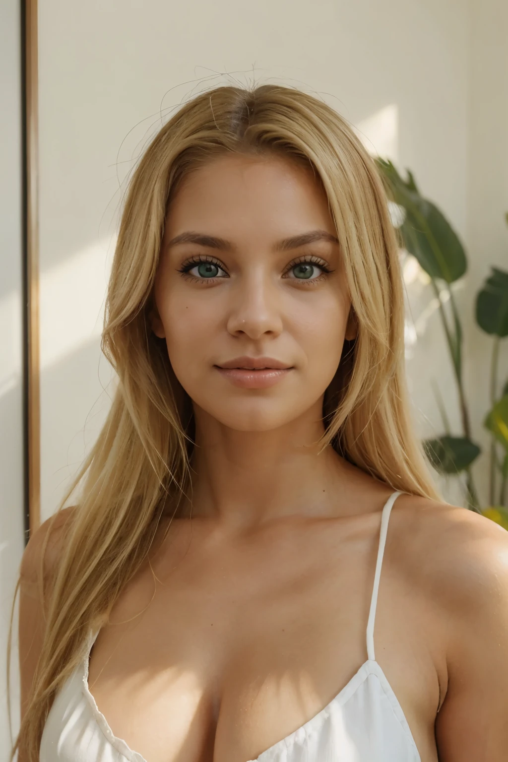 a 15 year old girl,beautiful detailed eyes,beautiful detailed lips,extremely detailed eyes and face,long eyelashes,blonde hair with brown highlights,mirror selfie,bikini,home interior,natural lighting,photorealistic,highly detailed,vibrant colors,cinematic lighting,elegant,beautiful,charming,fashionable,stylish,sexy, seios medios (((1.4))), corpo inteiro
