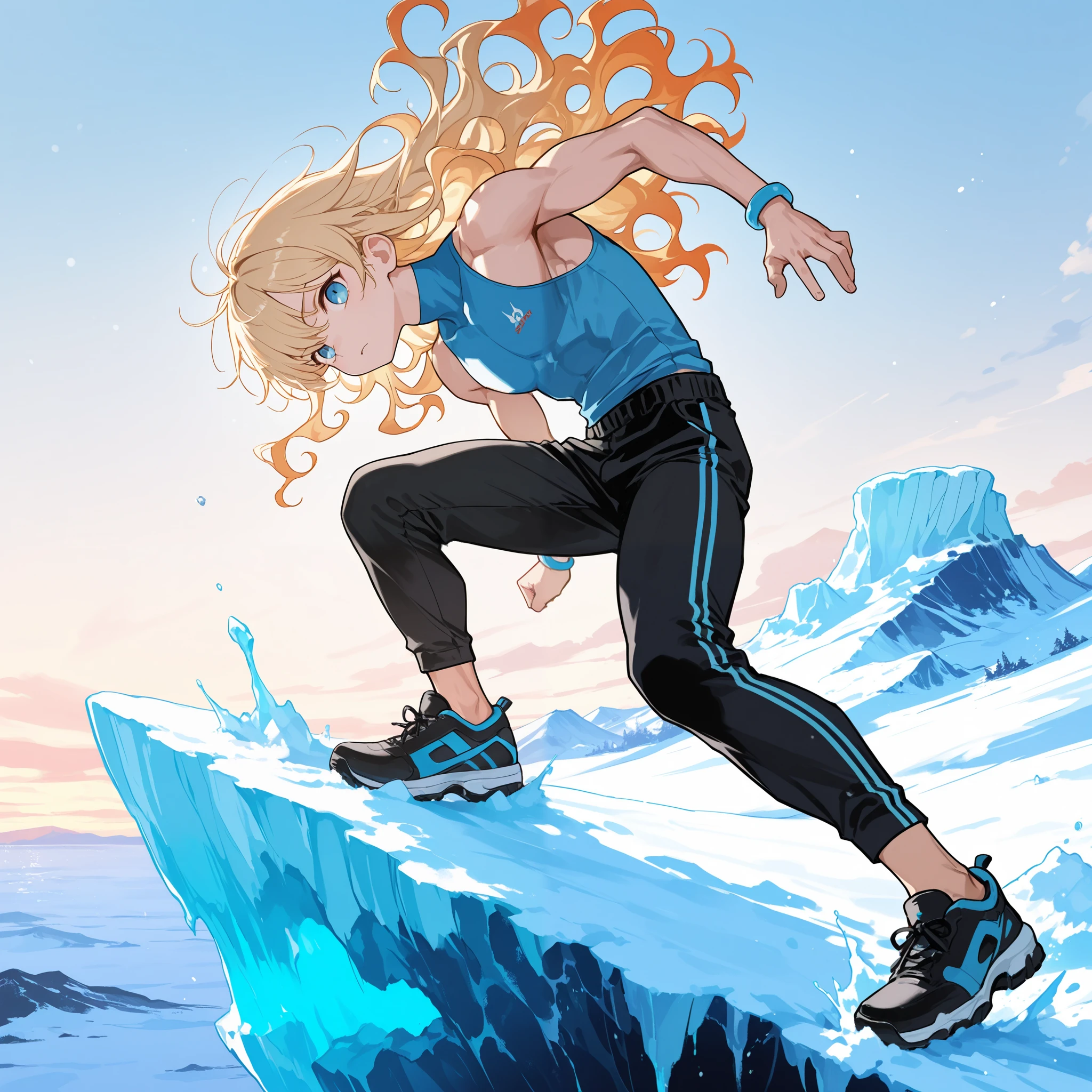 masterpiece , best quality, incredible quality, very aesthetic , absurdities, newest, Cygnhyoplain , 1 boy, blue eyes, slender figure, gravely toned man , wavy blond hair , sleeveless blue shirt, blue bracelets, black pants , orange involves , black shoes , snowy scenery , huge iceberg , action pose, looking at the spectator, in front
