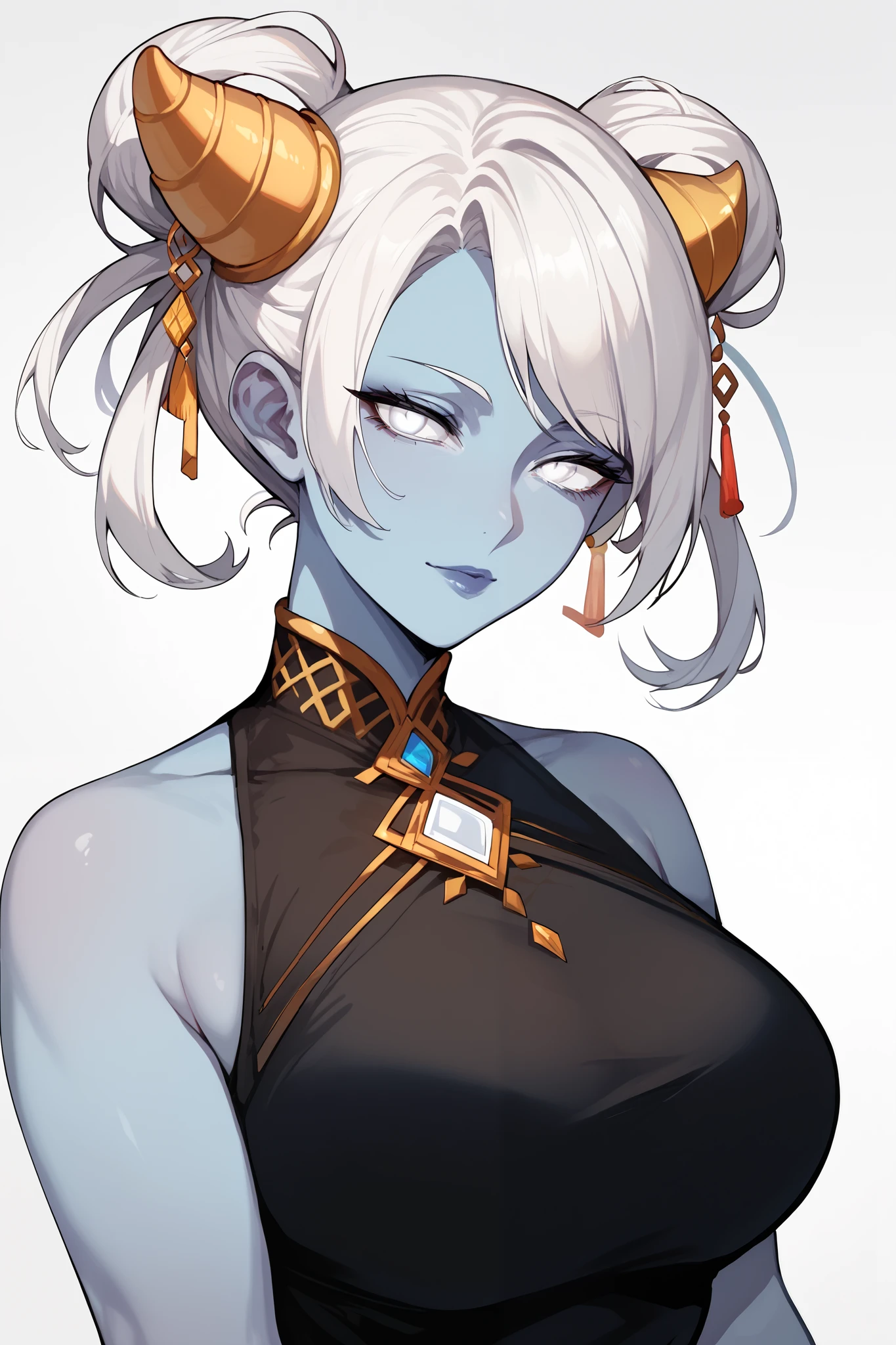 Mature Woman, blue skin, short hair, white hair, bangs, hair , golden horns,Hair jewelry, anime style,black dress,Front bun, White eyes,bangs ,hair rings