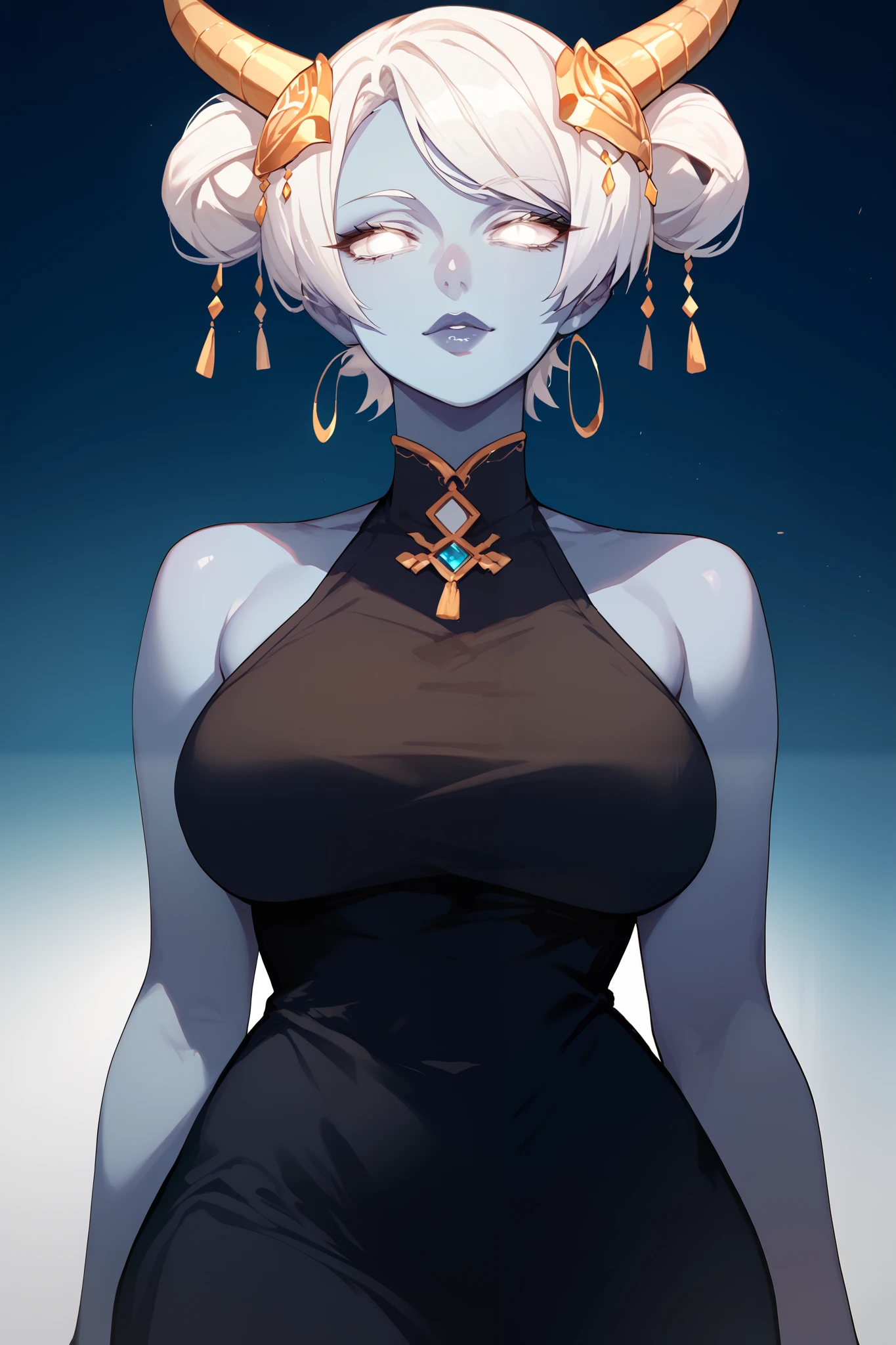 Mature Woman, blue skin, short hair, white hair, bangs, hair , golden horns,Hair jewelry, anime style,black dress,Front bun, White eyes,bangs ,hair rings