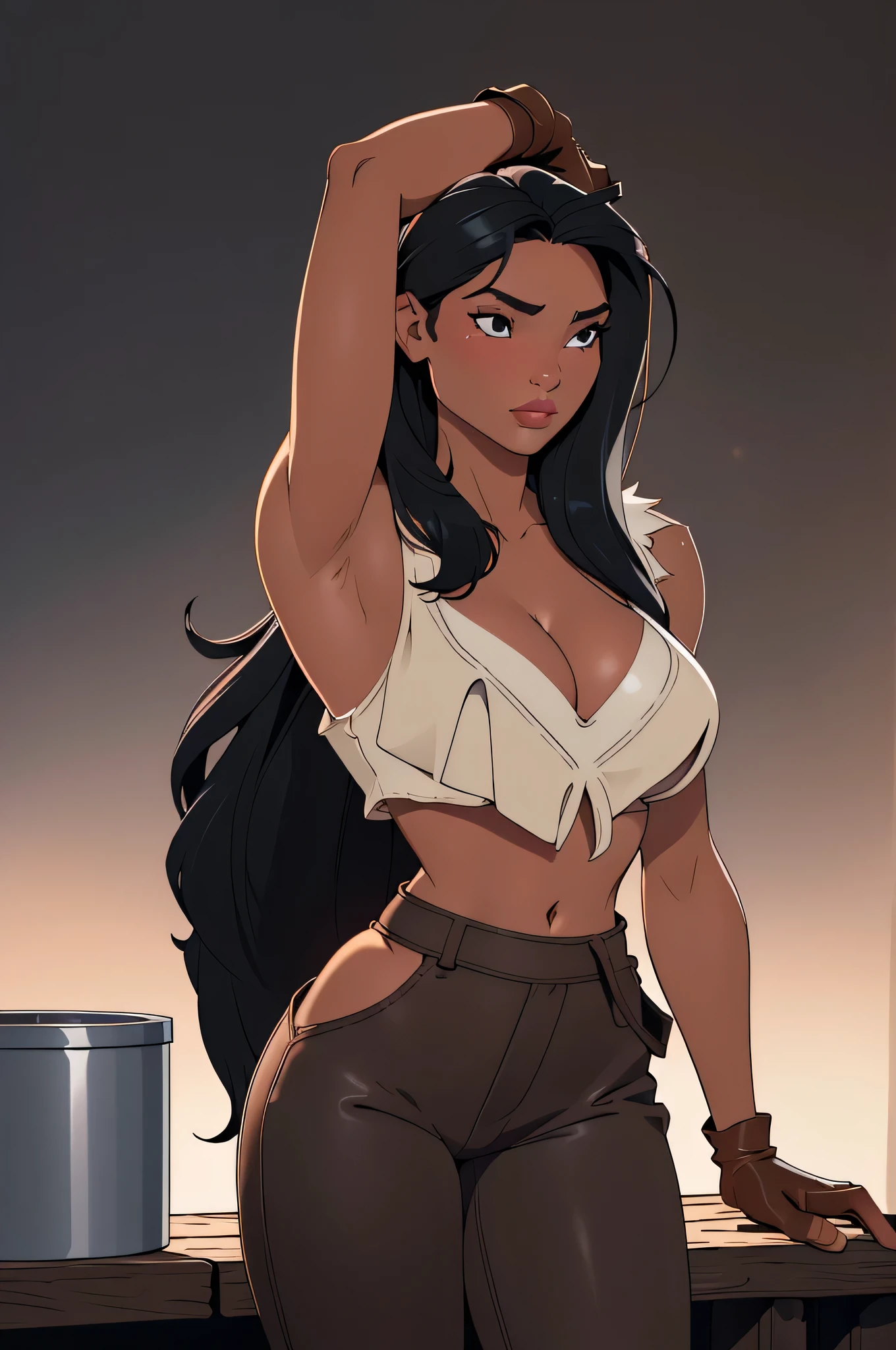 1girl in, 18, Pocahontas Waifu, photo of perfect woman, miniature ferry, Solo, Aesthetic artwork, (long hair, very long straight black hair:1.25), (clear skin, tanned skin, large breasts, DD-cup, runners body, very thin waist, skinny, petite, detailed skin texture), (cleavage, focus on breasts:1.2), ((she wears light leather, brown leather, fur lined, xxx, NSFW, nudity , Cleavage, shoulder pads, bare arms, no gloves, simple Viking armor, low rise linen bush pants low cut black, bare midriff, no gloves:1.1)), (Arms behind back, arched back, bending over counter: 1.25), Viking ships on a river, standing on a medieval dock, harbor, (extremely detailed 8k wallpaper), soft lighting, high quality, film grain, Fujifilm XT3 sharp focus, f 5.6, 50mm, High Detail, Sharp focus,(natural light), crazy details, complex details, hyper detailed. (cowboy photo:1.2), light particles, sfw