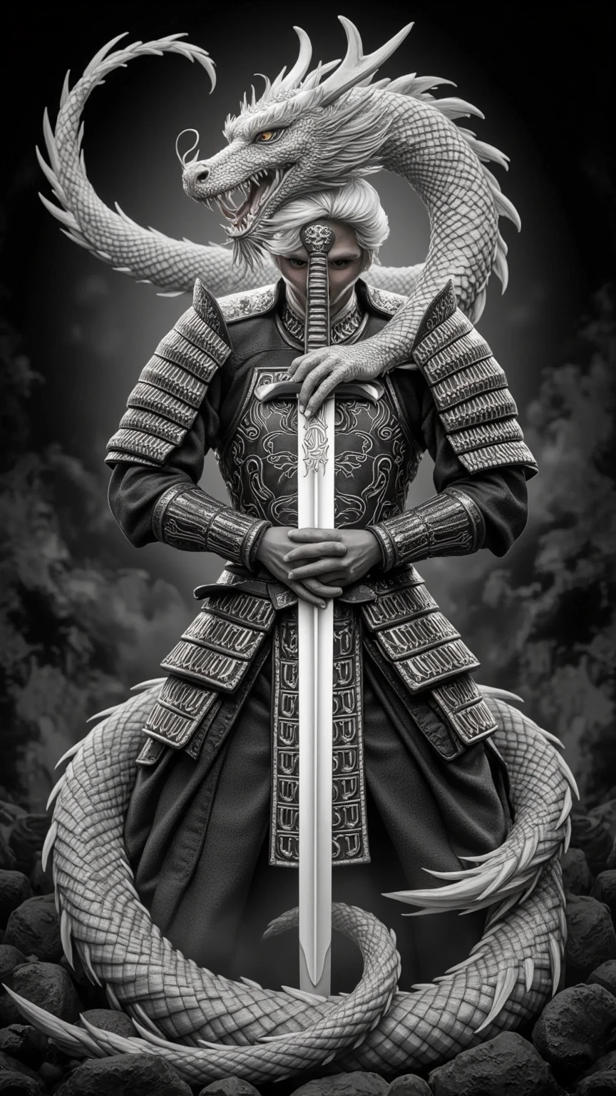 Create a tattoo of a samurai with a dragon climbing up his sword until he comes face to face with the samurai. Make it in dark word tattoo style.