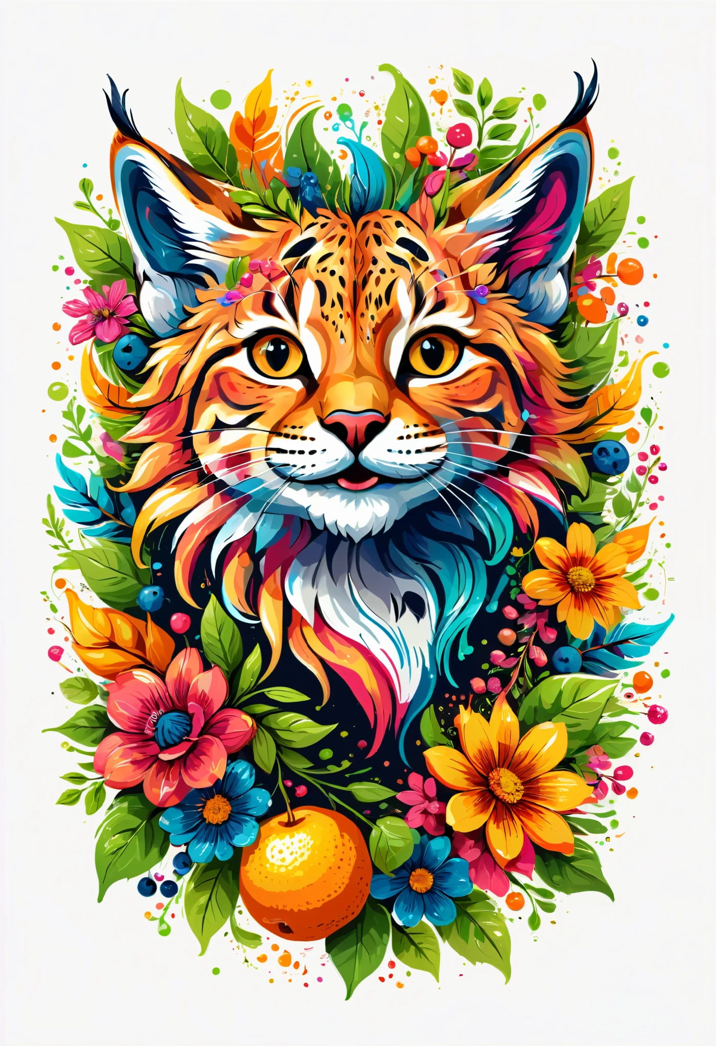  arte vetorial para   T-shirt design ,  of a colorful illustration of a little smiling lynx,  at the city centre, vibrant colors, flower, fruits, high detail, Transparent background,  T-shirt design .
(Art work, UHD Quality, details in 32k ,  Professional,  perfect composition ,  very aesthetic , absurdrez,  super detailed ,  intricate details:1.3)