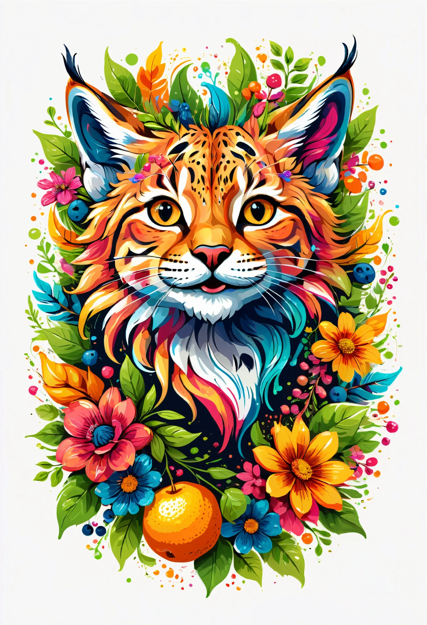 arte vetorial para T-shirt design , of a colorful illustration of a little smiling lynx, at the city centre, vibrant colors, flower, fruits, high detail, Transparent background, T-shirt design .
(Art work, UHD Quality, details in 32k , Professional, perfect composition , very aesthetic , absurdrez, super detailed , intricate details:1.3)