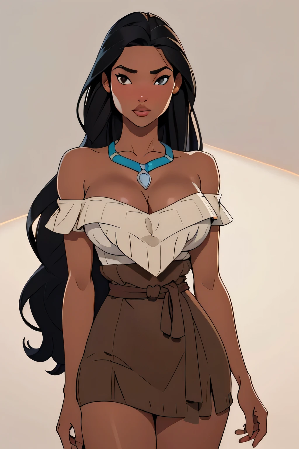 1girl in, 18, Pocahontas Waifu, photo of perfect woman, miniature ferry, Solo, Aesthetic artwork, (long hair, very long straight black hair:1.25), (clear skin, tanned skin, large breasts, DD-cup, runners body, very thin waist, skinny, petite, detailed skin texture), (cleavage, focus on breasts:1.2), (blank background, plain background, blank wall, (wearing jewely, a necklace, off shoulders, Sweater brown, coffee brown clothing, Bare shoulders), (extremely detailed 8k wallpaper), soft lighting, high quality, film grain, Fujifilm XT3 sharp focus, f 5.6, 50mm, High Detail, Sharp focus, (natural light), crazy details, complex details, hyper detailed. (cowboy photo:1.2), light particles, sfw