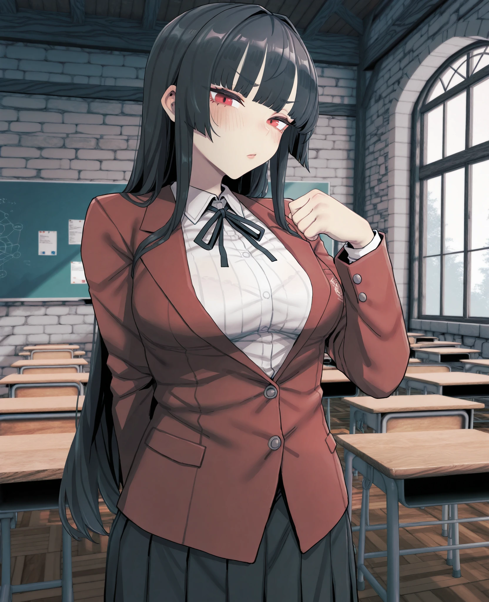 masterpiece, best quality, bee_(deadflow) style, mature, solo, 1girls, fantasy, black hair, hime cut, red eyes, blush, medium breasts, tsundere, school uniform, red blazer, white shirt, pleated skirt, black skirt, indoors, classroom, stone walls, medieval fantasy, looking at viewer, buttoned up
