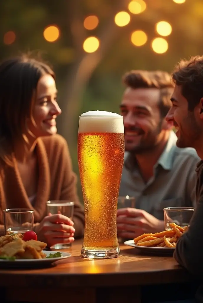 create an image with a family talking and drinking beer, where a luxury beer tower appears in a celebratory environment