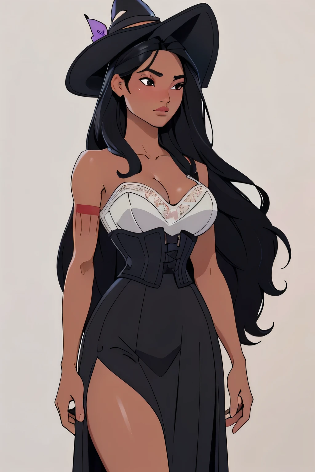 1girl in, 18, Pocahontas Waifu, photo of perfect woman, miniature ferry, Solo, Aesthetic artwork, (long hair, very long straight black hair:1.25), (clear skin, tanned skin, large breasts, DD-cup, runners body, very thin waist, skinny, petite, detailed skin texture), (cleavage, focus on breasts:1.2), (blank background, plain background, blank wall, (wearing a full length corset with black lace, wearing a witches hat, wearing a full length skirt), (extremely detailed 8k wallpaper), soft lighting, high quality, film grain, Fujifilm XT3 sharp focus, f 5.6, 50mm, High Detail, Sharp focus, (natural light), crazy details, complex details, hyper detailed. (cowboy photo:1.2), light particles, sfw