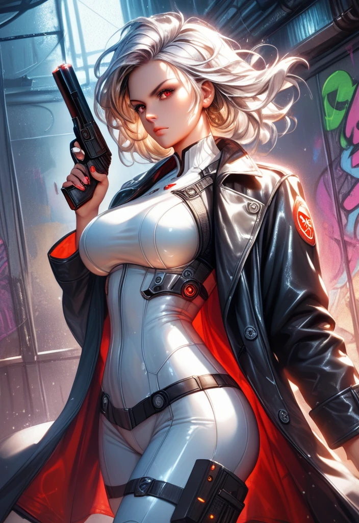 (lifelike, high - resolution:1.3), 1 girl with a perfect body,slender body, Super fine face and eyes,assasin, dark makeup, shiny skin,white hair, sexy black bodysuit, Expose cleavage, extravagant makeup, pink eyeshadow, dark makeup, (((firing,bullet,gun,light particles))), holding gun, shocked expression, pointing gun, action pose, extravagant makeup, leopard print, lab coat