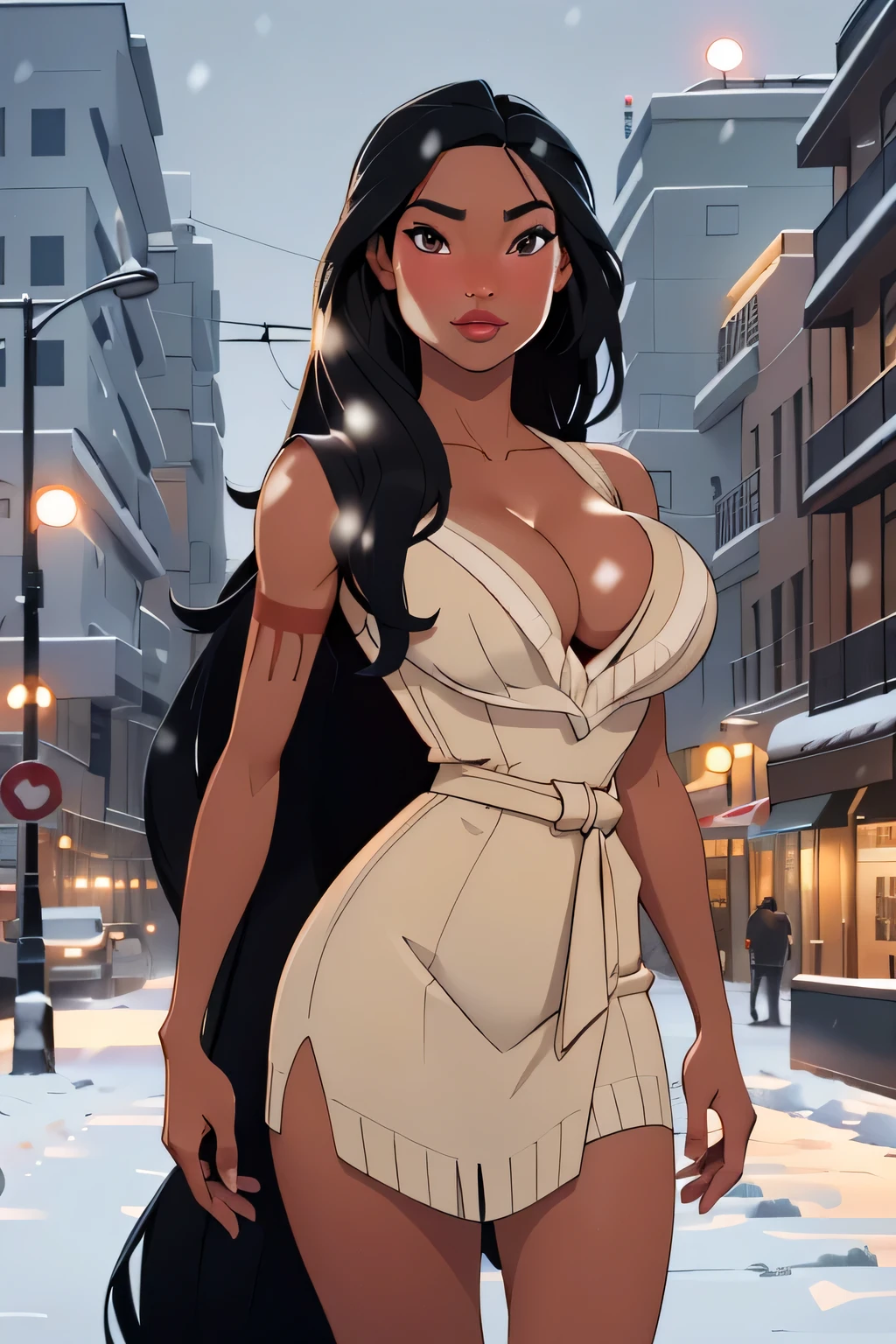 1girl in, age18, Pocahontas Waifu, photo of perfect woman, miniature ferry, Solo, Aesthetic artwork, (long hair, very long straight black hair:1.25), (clear skin, tanned skin, large breasts, DD-cup, runners body, very thin waist, skinny, petite, detailed skin texture), (cleavage, focus on breasts:1.2), in winter clothing, sultry flirty look, cute natural makeup, wearing elegant warm winter fashion clothing, ((standing outside in snowy city street)), stunning modern urban environment, (extremely detailed 8k wallpaper), soft lighting, high quality, film grain, Fujifilm XT3 sharp focus, f 5.6, 50mm, High Detail, Sharp focus, (natural light), crazy details, complex details, hyper detailed. (cowboy photo:1.2), light particles, sfw