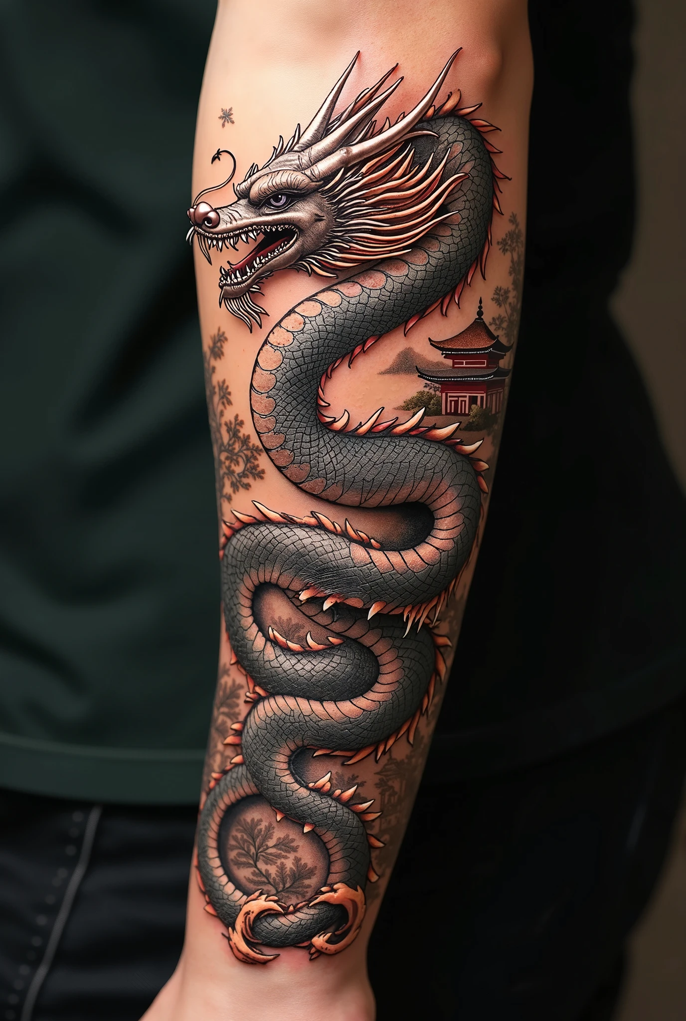 asian style dragon tattoo, sketch type, line art vector, (high quality, tattoo:1.2), asian style tattoo of a Embodying Strength and Wisdom: A Majestic Chinese Dragon, detailed scales, vibrant colors, intricate linework, powerful presence, mystical aura, dynamic movement, traditional elements, fierce expression, flowing mane, contrasting shading, wisps of smoke, mythical creature, symbol of power and prosperity