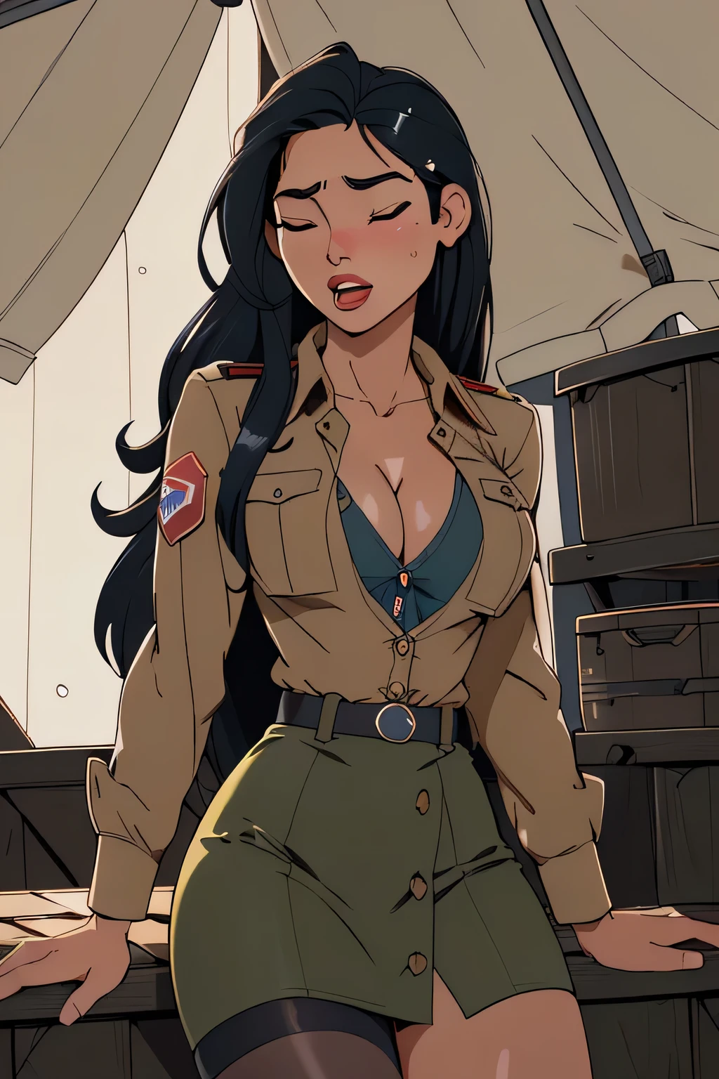 1girl in, 18, Pocahontas Waifu, photo of perfect woman, miniature ferry, Solo, Aesthetic artwork, (long hair, very long straight black hair:1.25), (clear skin, tanned skin, large breasts, DD-cup, runners body, very thin waist, skinny, petite, detailed skin texture), (cleavage, focus on breasts:1.2), ((ahegao expression, eyes closed, orgasm face:1.35), (she is wearing a 40s American military uniform, Peggy Carter cosplay, Button up suit jacket, blouse, Military green pencil skirt, stockings, buttons undone, cleavage), kneeling on a crate, splits kneeling, legs apart, hands behind back, 1940's, Military base, military tent, military Jeep, (extremely detailed 8k wallpaper), soft lighting, high quality, film grain, Fujifilm XT3 sharp focus, f 5.6, 50mm, High Detail, Sharp focus, (natural light), crazy details, complex details, hyper detailed. (cowboy photo:1.2), light particles, sfw