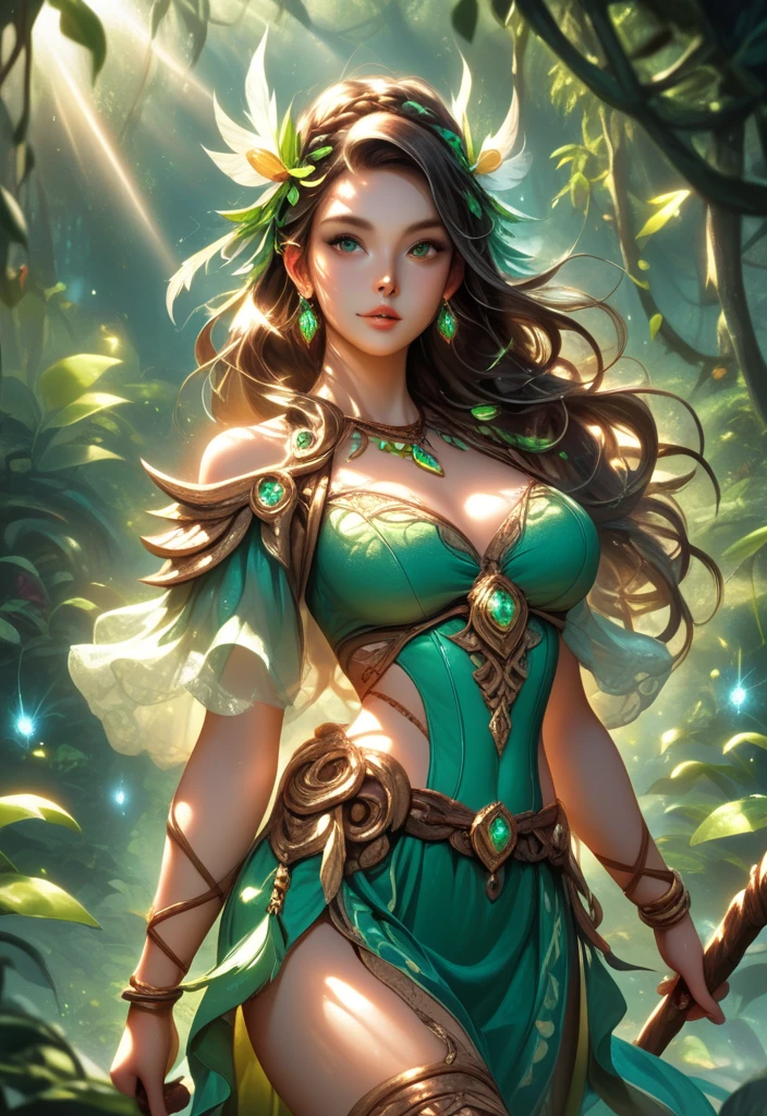 un gros plan d'une femme dans un costume vert et or, Goddess of the forest, Reine Elfe, Lady forest hunter, portrait of an elf queen, Reine Elfe Nissa Genesis Mage, par Yang J, Chengwei Pan sur Artstation, fey queen of the summer forest, Tendance sur ArtStation, Fantastique Art Behance, Portrait of a forest mage