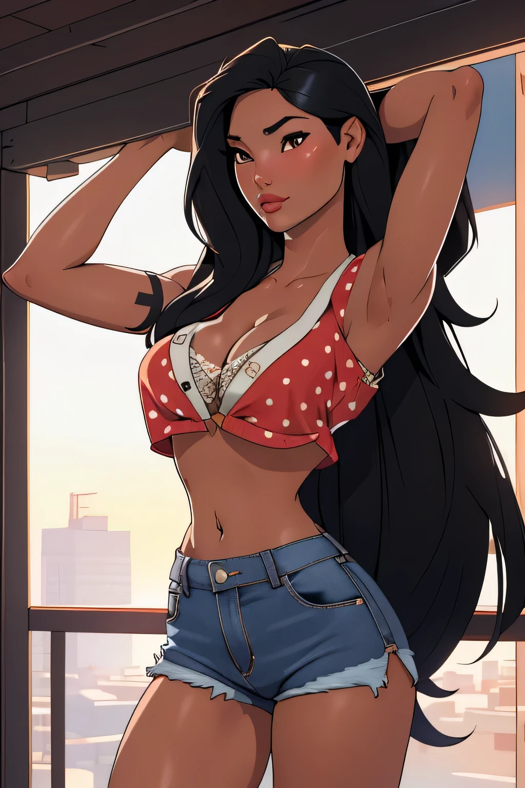 1girl in, 18, Pocahontas Waifu, photo of perfect woman, miniature ferry, Solo, Aesthetic artwork, (long hair, very long straight black hair:1.25), (clear skin, tanned skin, large breasts, DD-cup, runners body, very thin waist, skinny, petite, detailed skin texture), (cleavage, focus on breasts:1.2), ((Arch back, wearing red polka dot half shirt and cut-off daisy duke jean shorts that are unbuttoned, no underwear)) (high detailed city environment, apartment reaching high for a top shelf, her arms above head), (extremely detailed 8k wallpaper), soft lighting, high quality, film grain, Fujifilm XT3 sharp focus, f 5.6, 50mm, High Detail, Sharp focus, (natural light), crazy details, complex details, hyper detailed. (cowboy photo:1.2), light particles, sfw